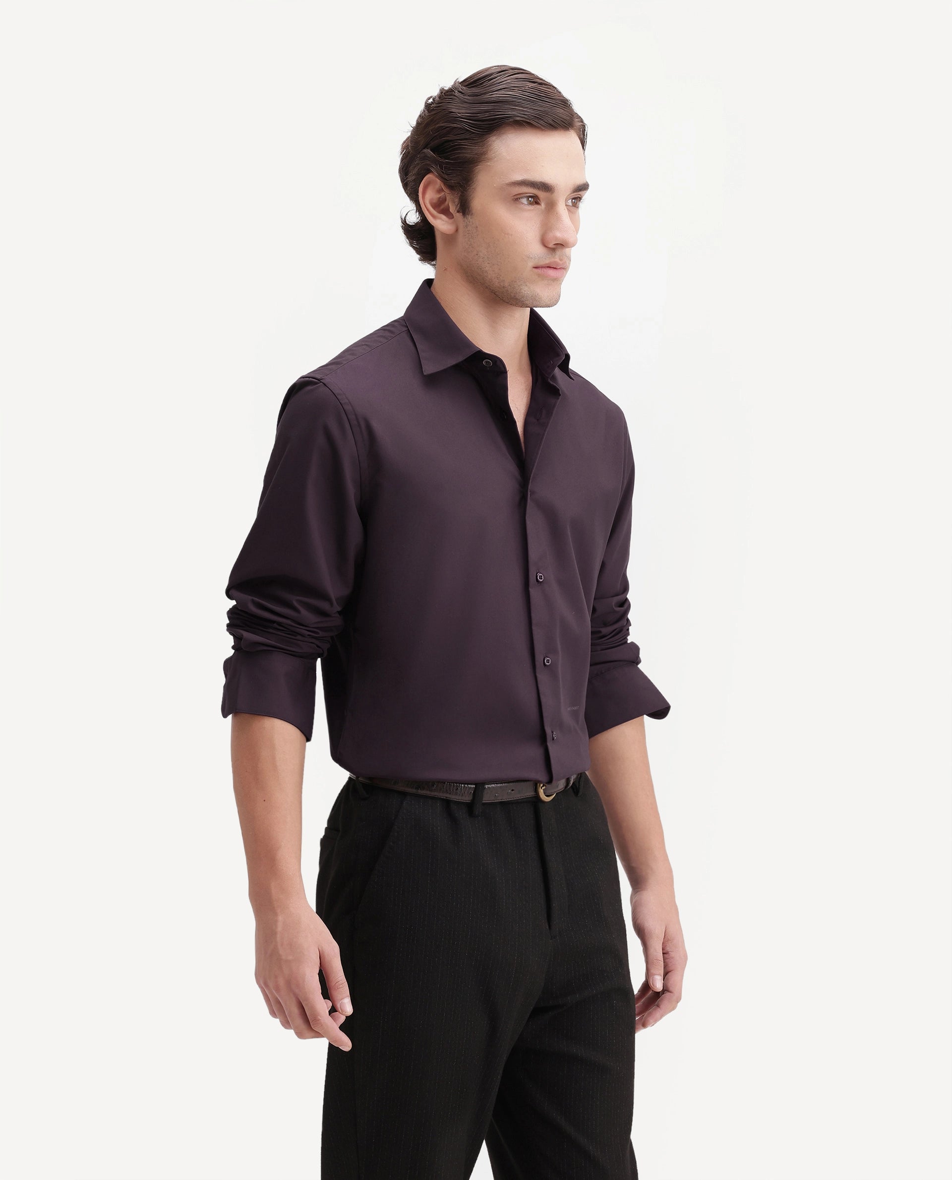 Rare Rabbit Men's Rovin Dark Brown Polyester Blend Spread Collar Button Regular Plain Shirt