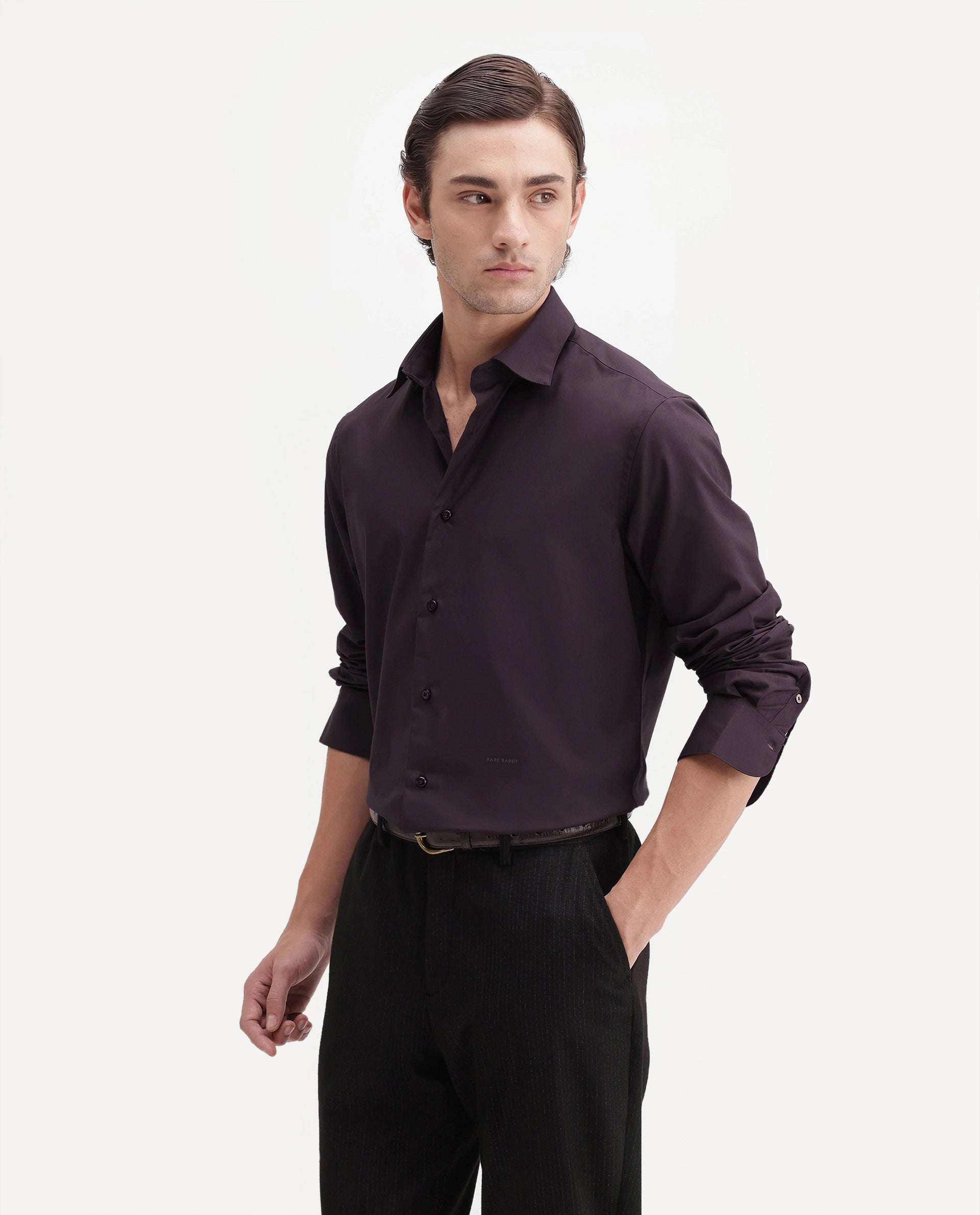 Rare Rabbit Men's Rovin Dark Brown Polyester Blend Spread Collar Button Regular Plain Shirt