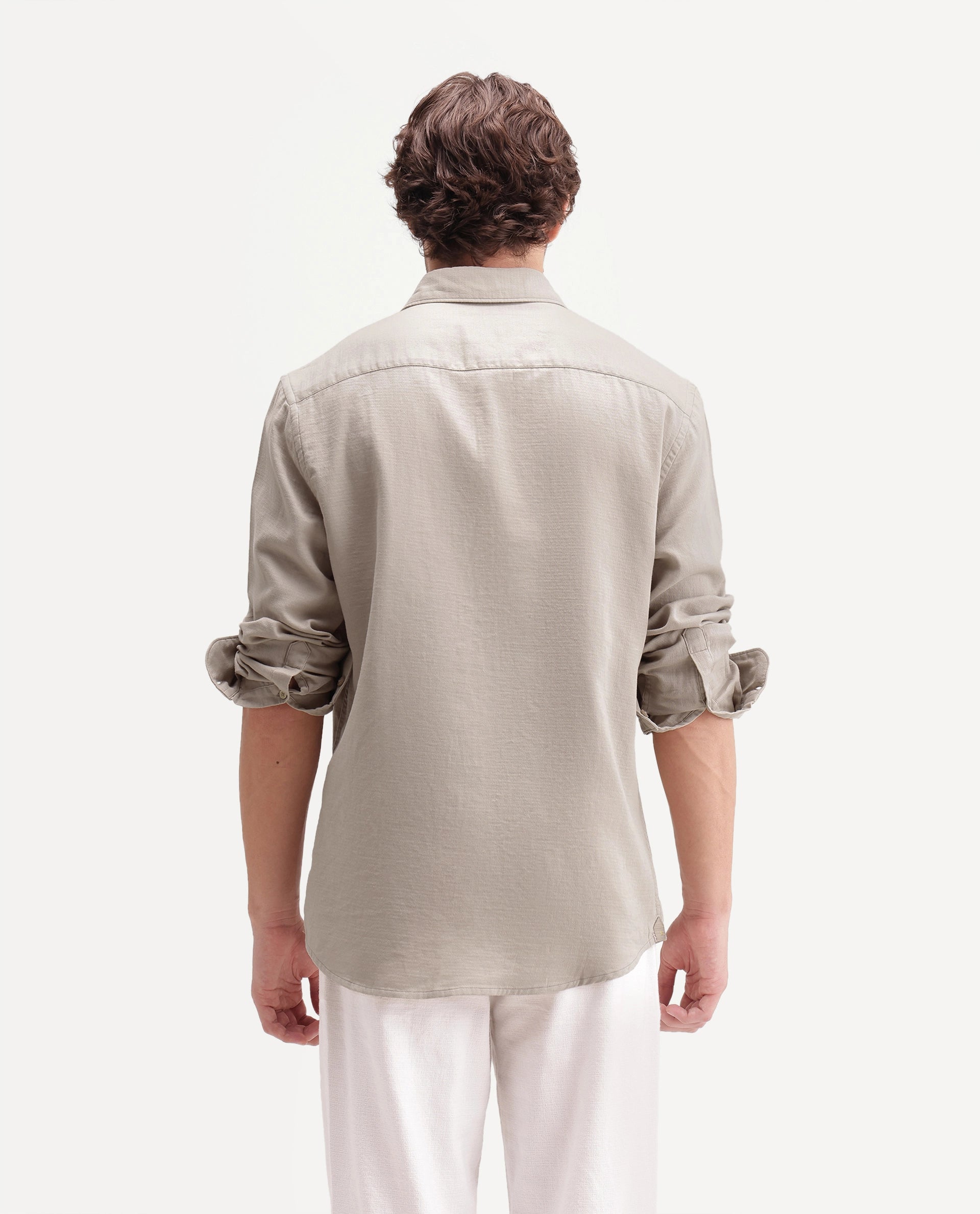 Rare Rabbit Men's Ryv Primary Khaki Cotton Spread Collar Button Regular Plain Shirt