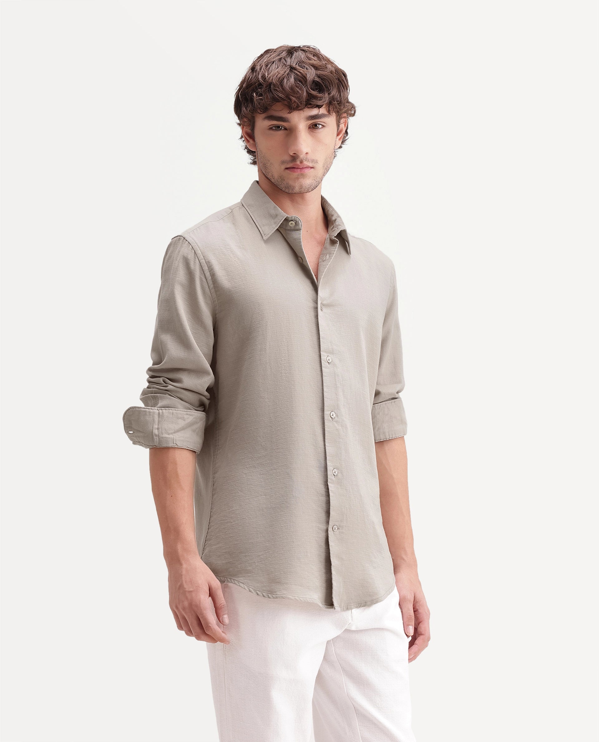 Rare Rabbit Men's Ryv Primary Khaki Cotton Spread Collar Button Regular Plain Shirt