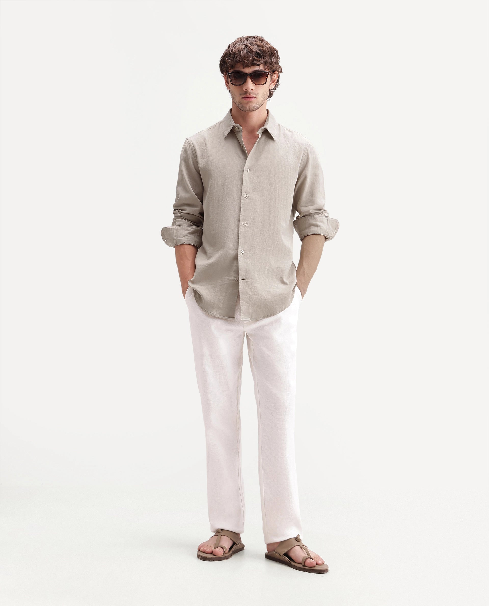 Rare Rabbit Men's Ryv Primary Khaki Cotton Spread Collar Button Regular Plain Shirt