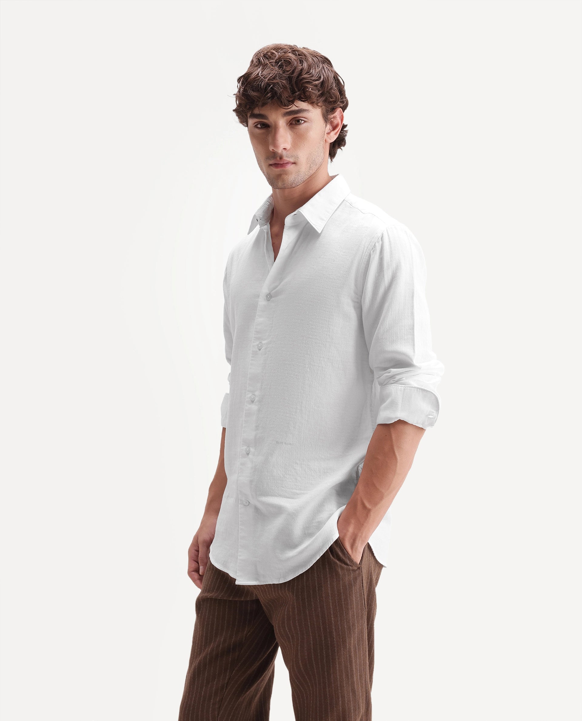 Rare Rabbit Men's Ryv Primary Off White Cotton Spread Collar Button Regular Plain Shirt