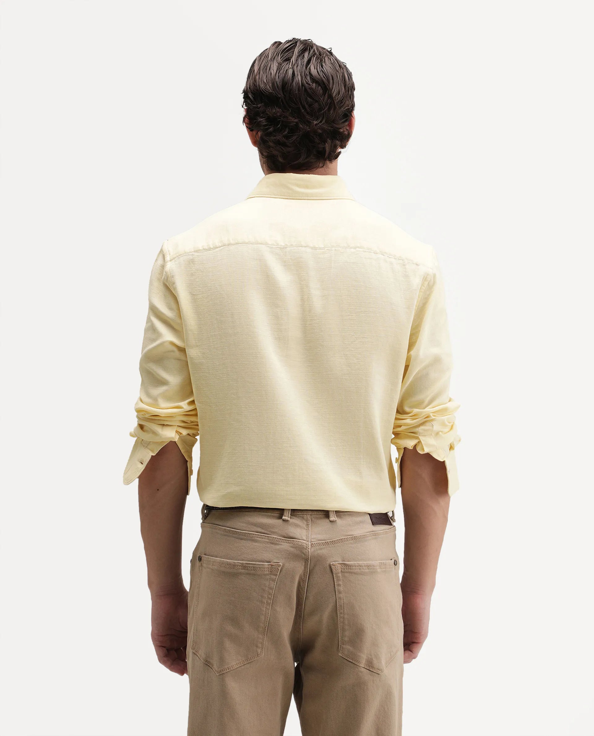 Rare Rabbit Men's Ryv Light Yellow Cotton Spread Collar Button Regular Plain Shirt