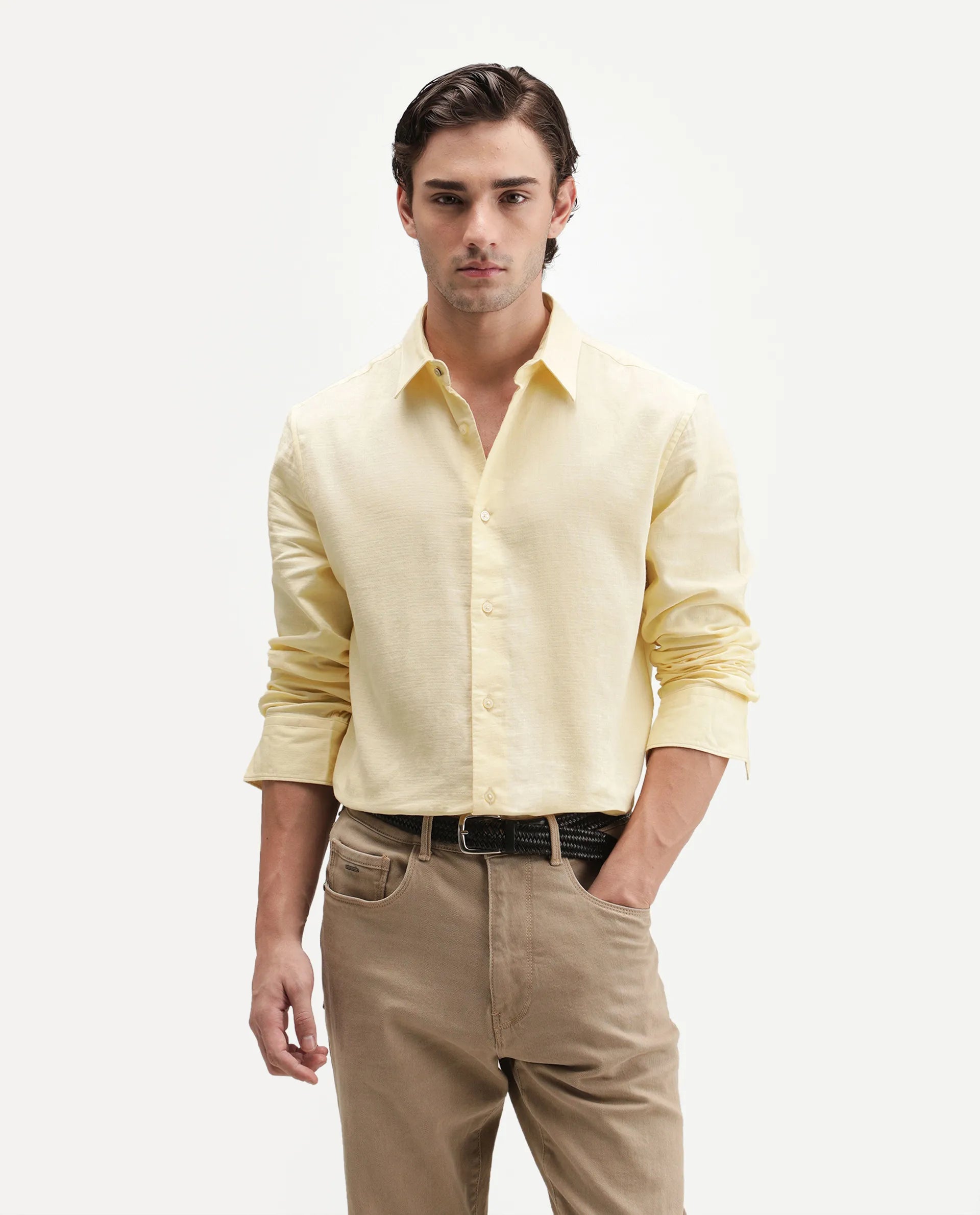 Rare Rabbit Men's Ryv Light Yellow Cotton Spread Collar Button Regular Plain Shirt