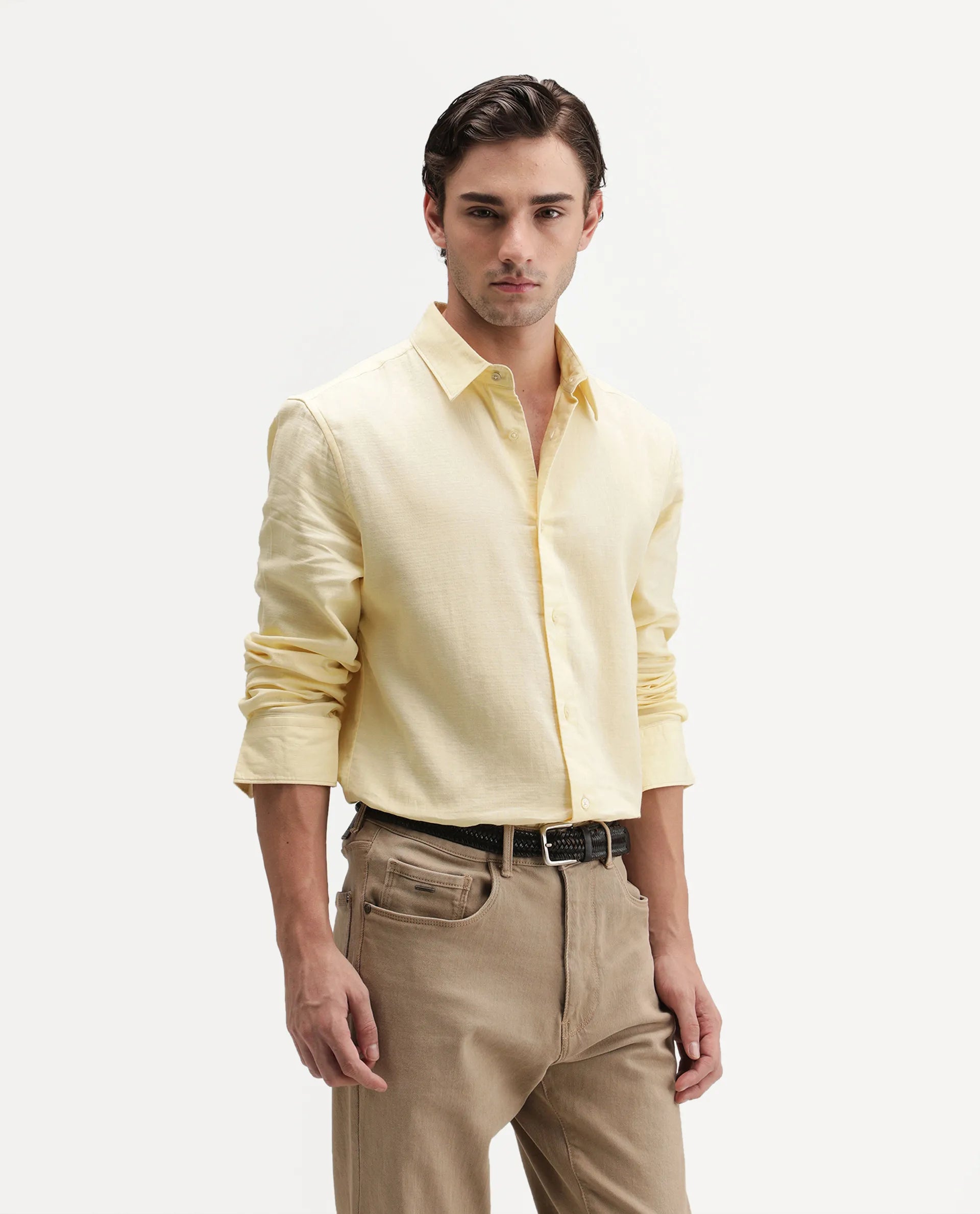 Rare Rabbit Men's Ryv Light Yellow Cotton Spread Collar Button Regular Plain Shirt