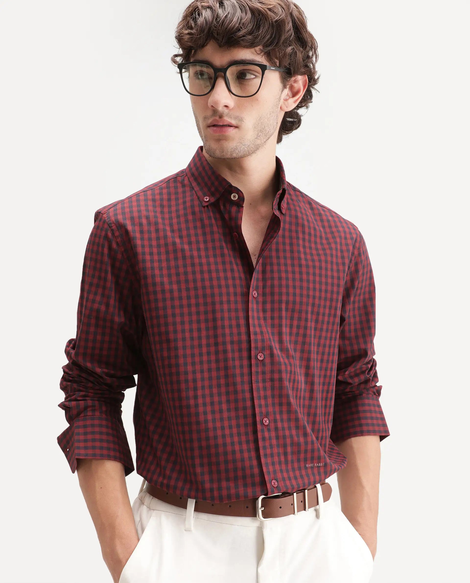 Rare Rabbit Men's Drak Dark Red Cotton Blend Spread Collar Button Regular Checked Shirt
