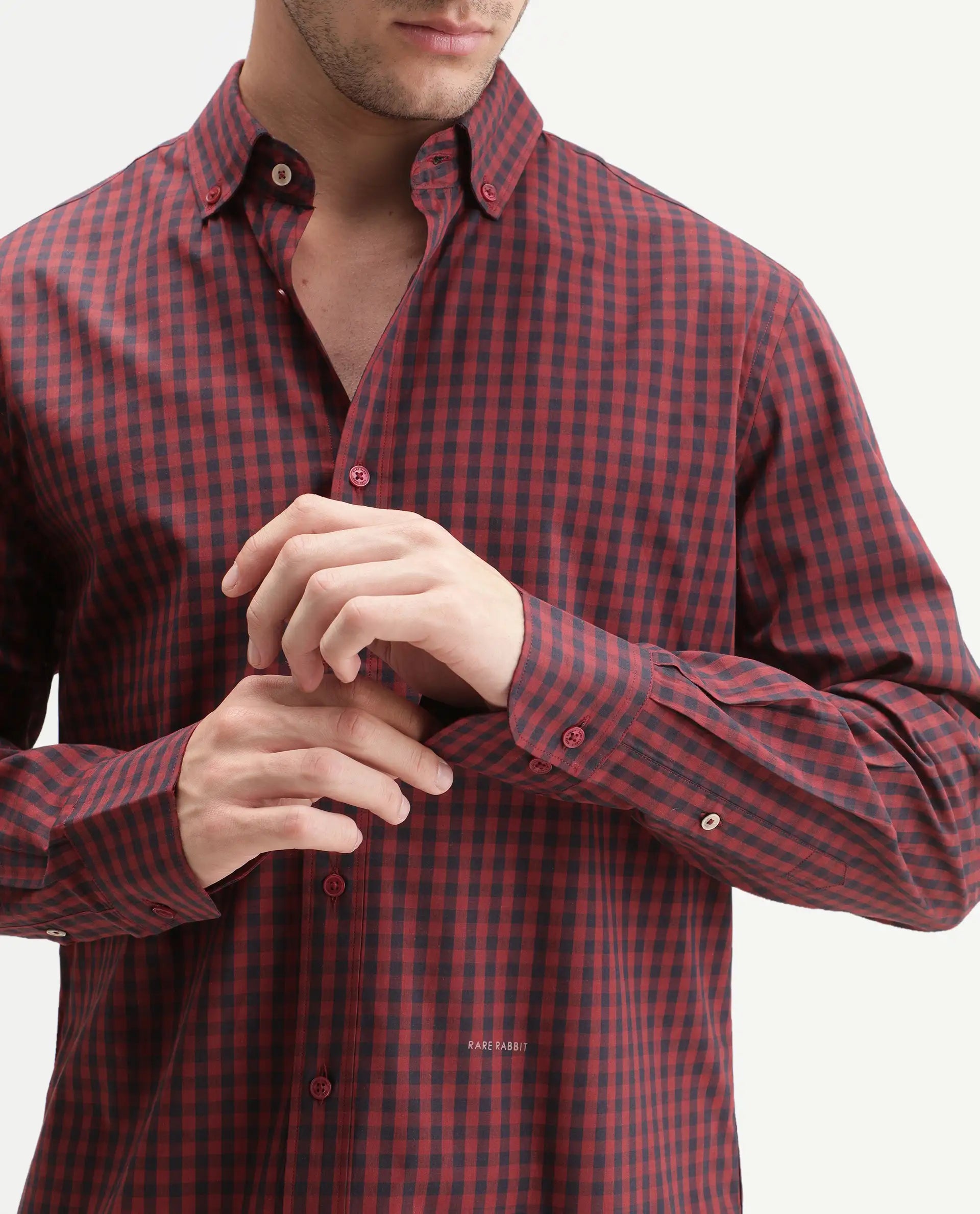 Rare Rabbit Men's Drak Dark Red Cotton Blend Spread Collar Button Regular Checked Shirt