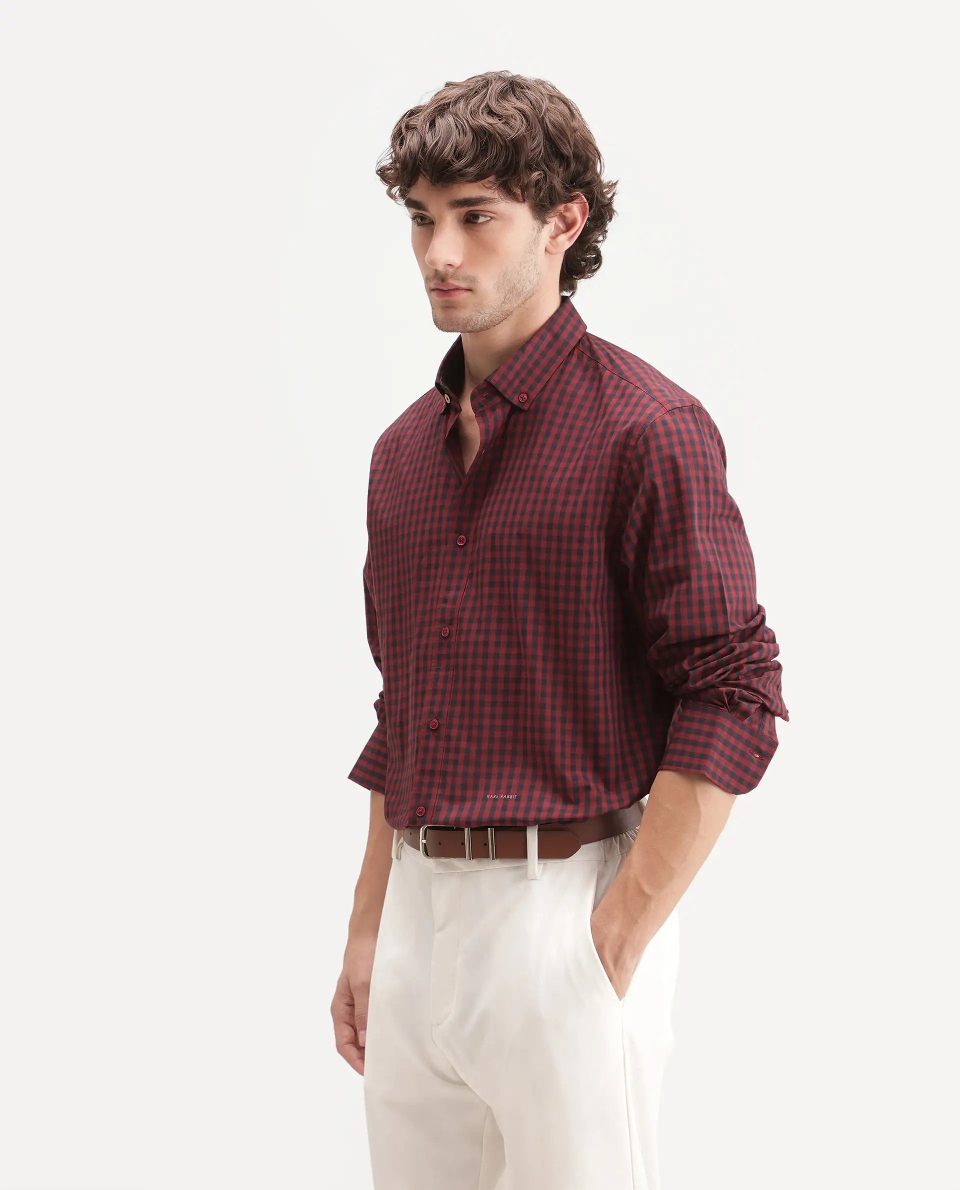 Rare Rabbit Men's Drak Dark Red Cotton Blend Spread Collar Button Regular Checked Shirt