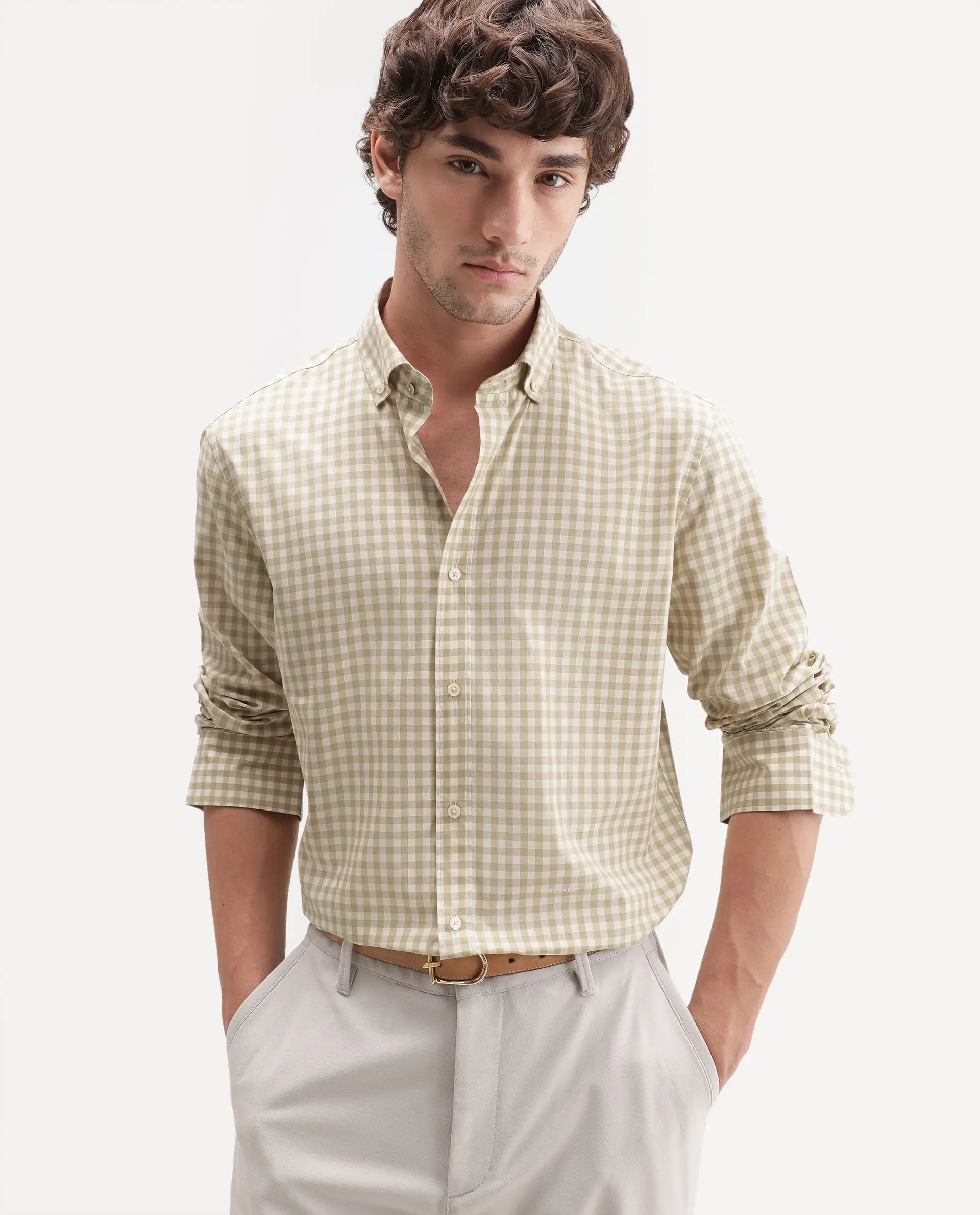 Rare Rabbit Men's Drak Dark Beige Cotton Blend Spread Collar Button Regular Checked Shirt