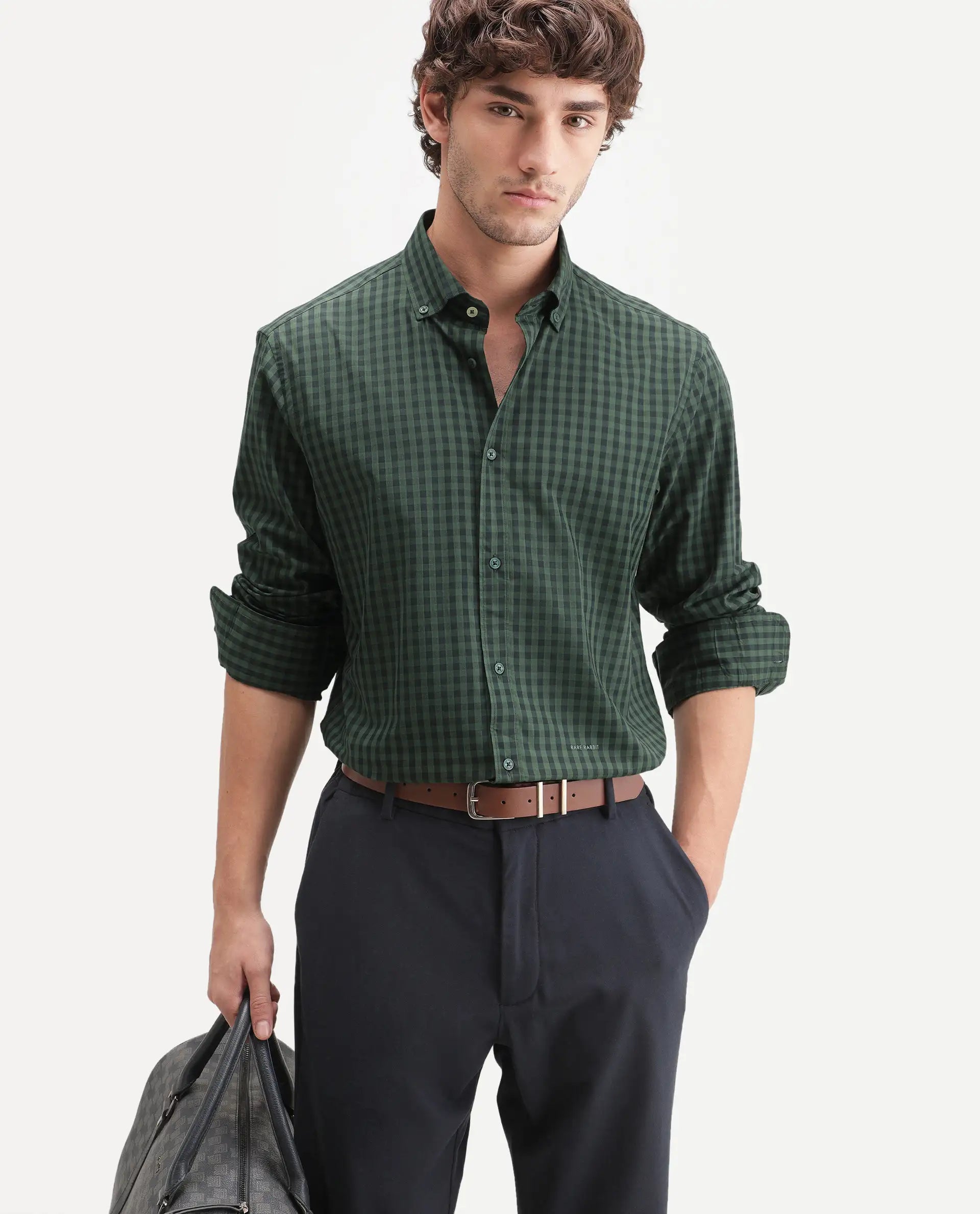 Rare Rabbit Men's Drak Dark Green Cotton Blend Spread Collar Button Regular Checked Shirt