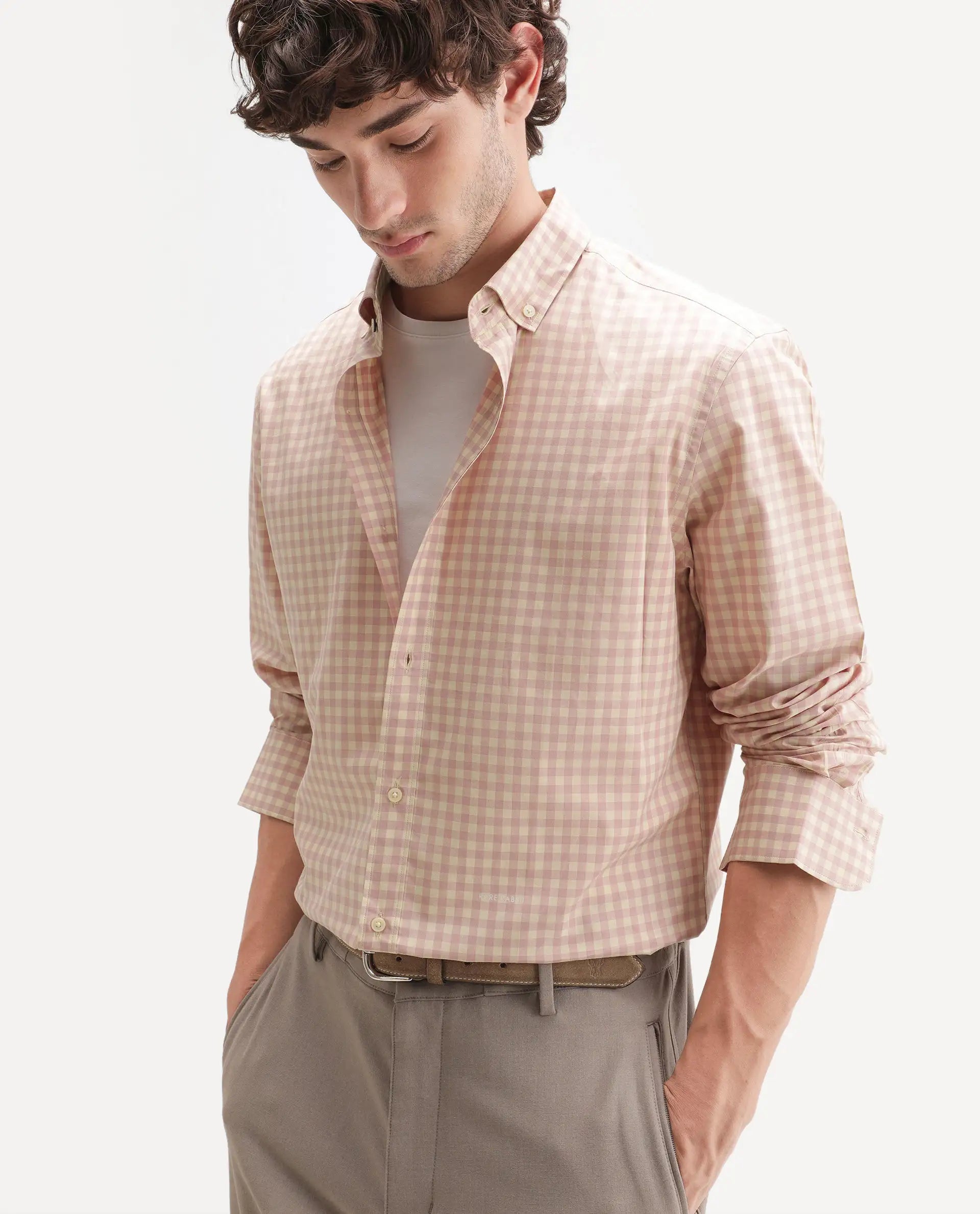 Rare Rabbit Men's Drak Dark Pink Cotton Blend Spread Collar Button Regular Checked Shirt