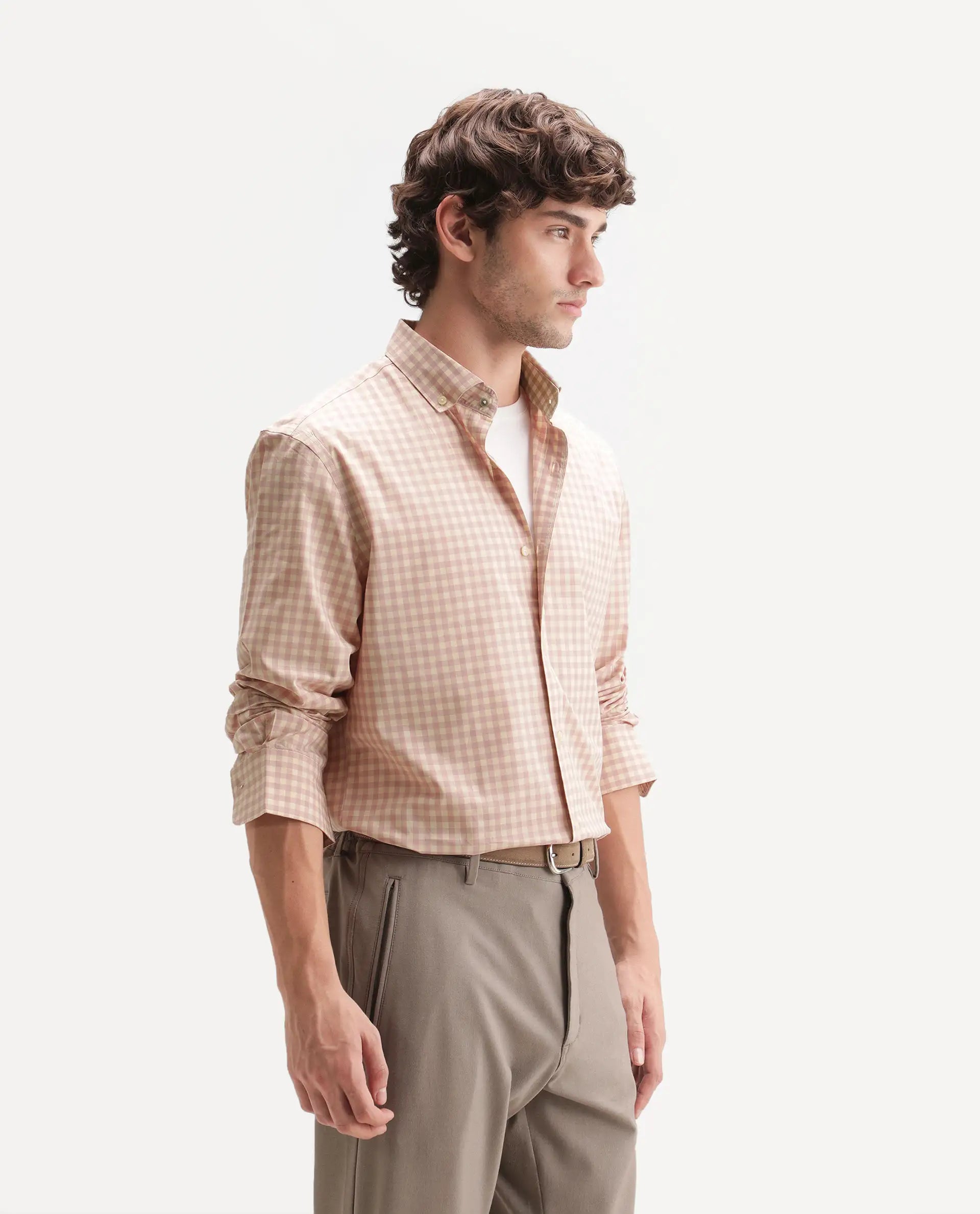 Rare Rabbit Men's Drak Dark Pink Cotton Blend Spread Collar Button Regular Checked Shirt