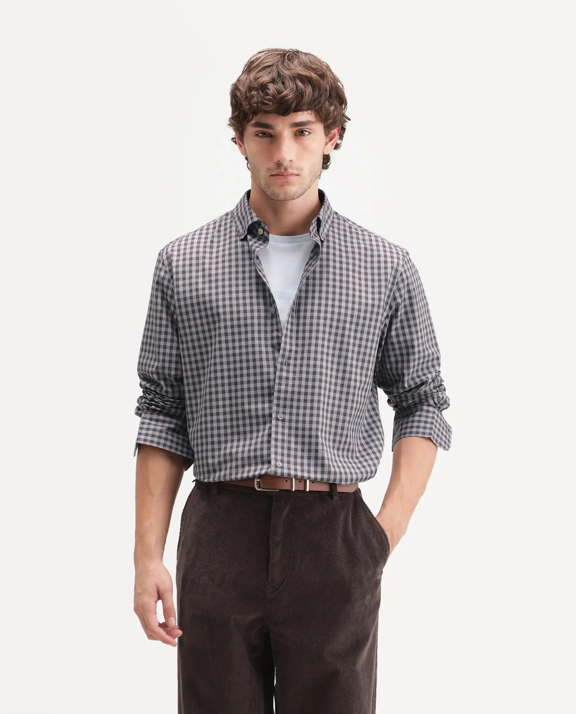 Rare Rabbit Men's Drak Dusky Blue Cotton Blend Spread Collar Button Regular Checked Shirt