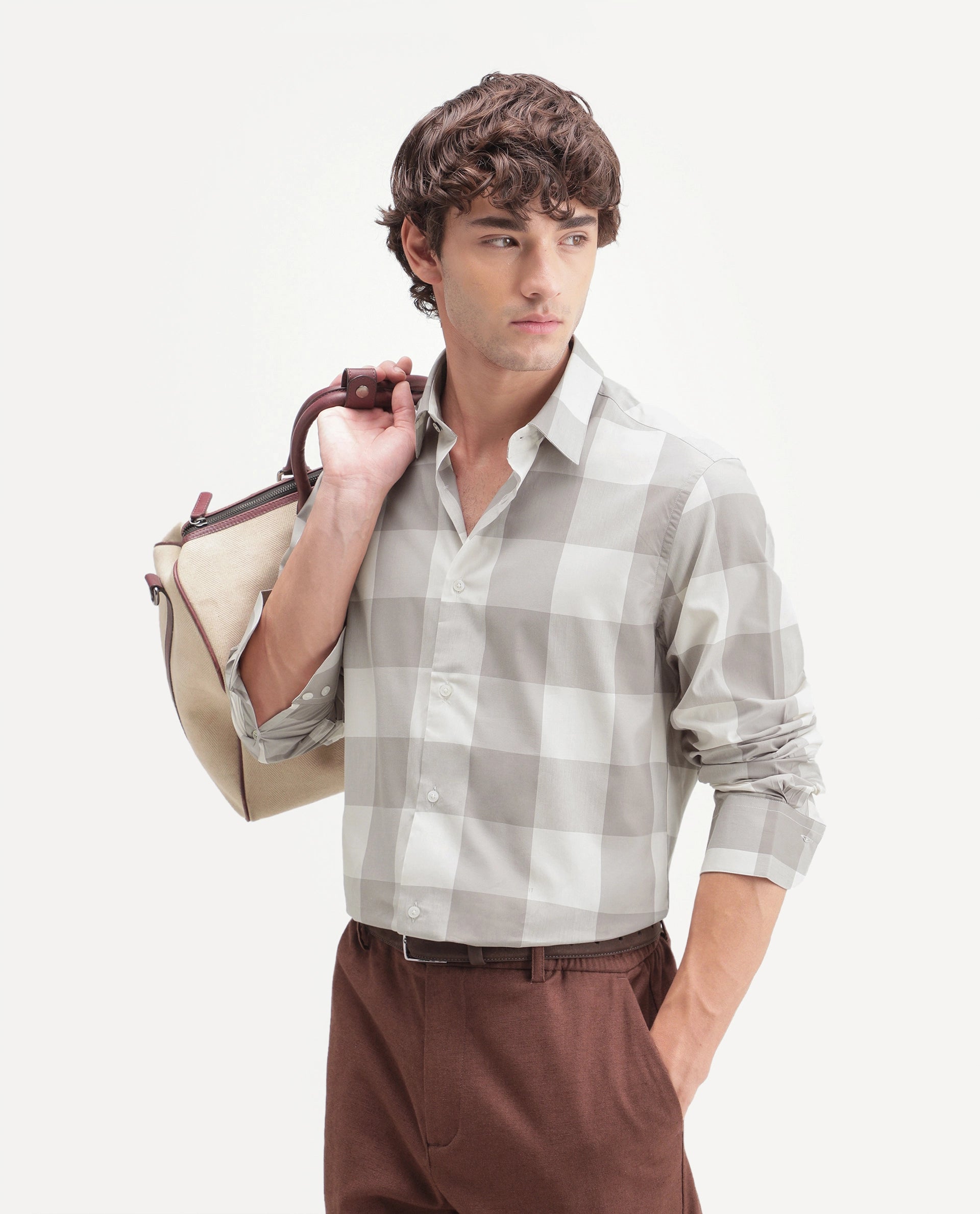 Rare Rabbit Men's Gryx Dusky Brown Cotton Blend Spread Collar Button Regular Checked Shirt