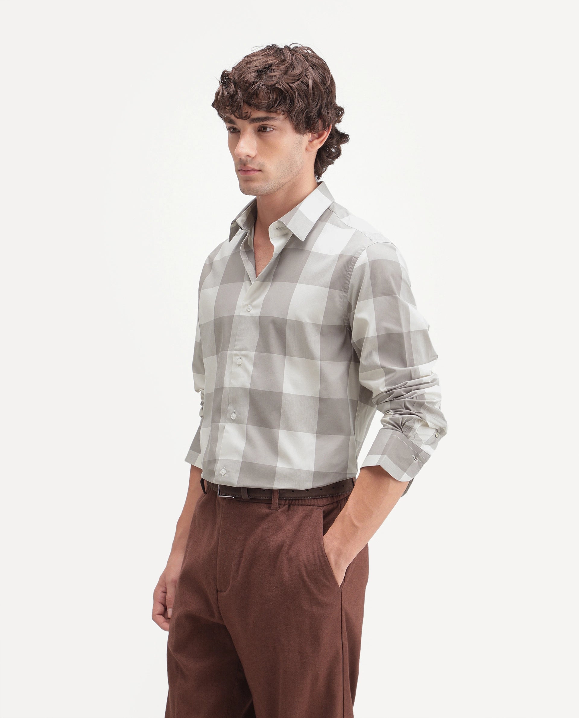 Rare Rabbit Men's Gryx Dusky Brown Cotton Blend Spread Collar Button Regular Checked Shirt