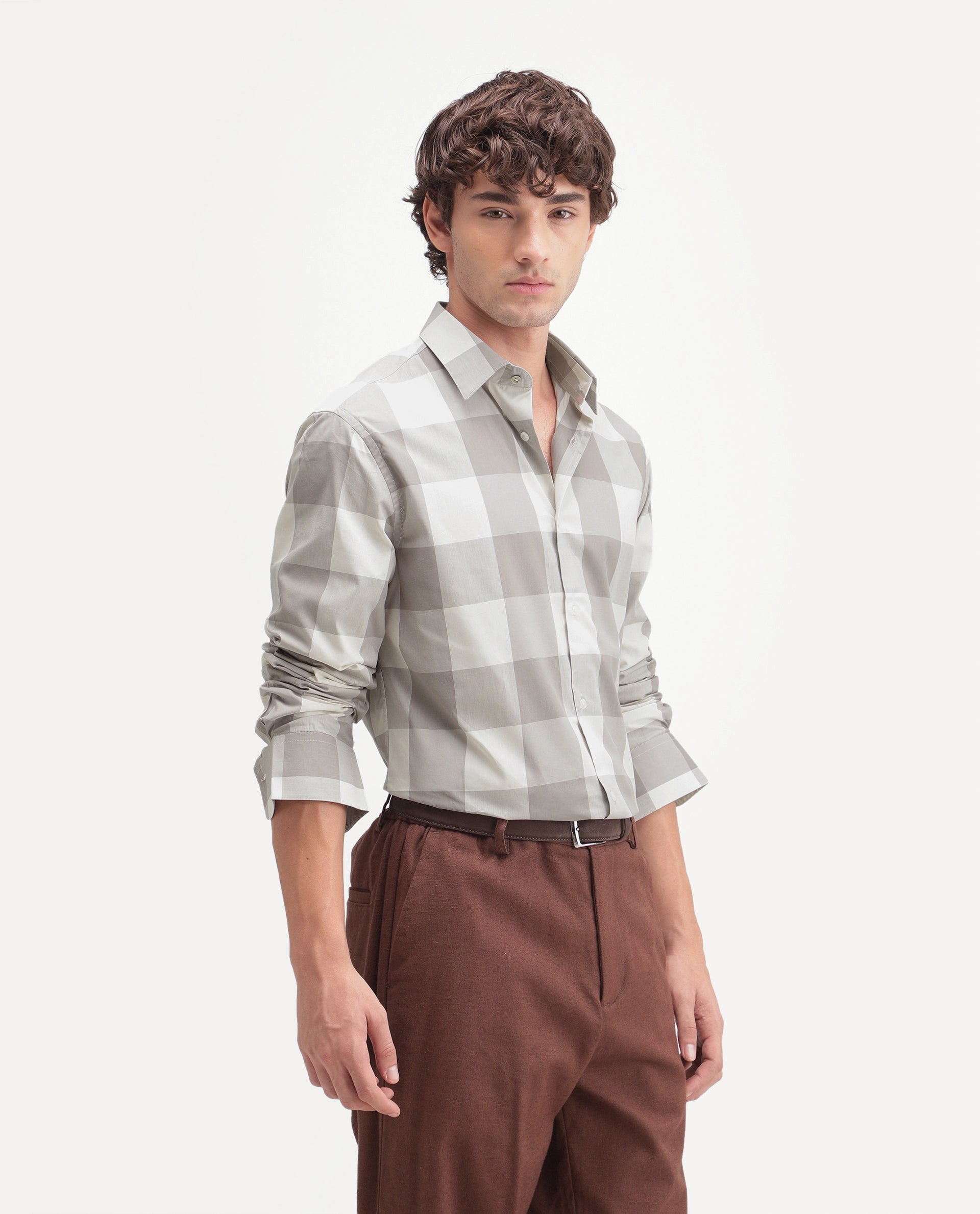 Rare Rabbit Men's Gryx Dusky Brown Cotton Blend Spread Collar Button Regular Checked Shirt