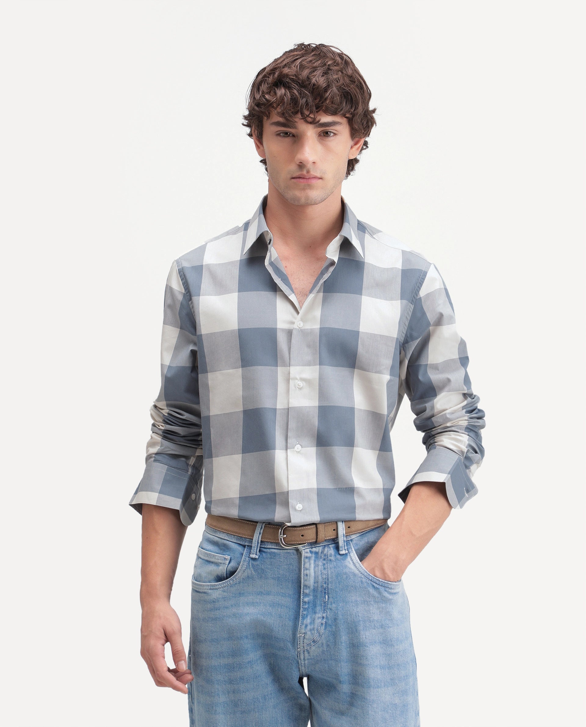 Rare Rabbit Men's Gryx Blue Cotton Blend Spread Collar Button Regular Checked Shirt