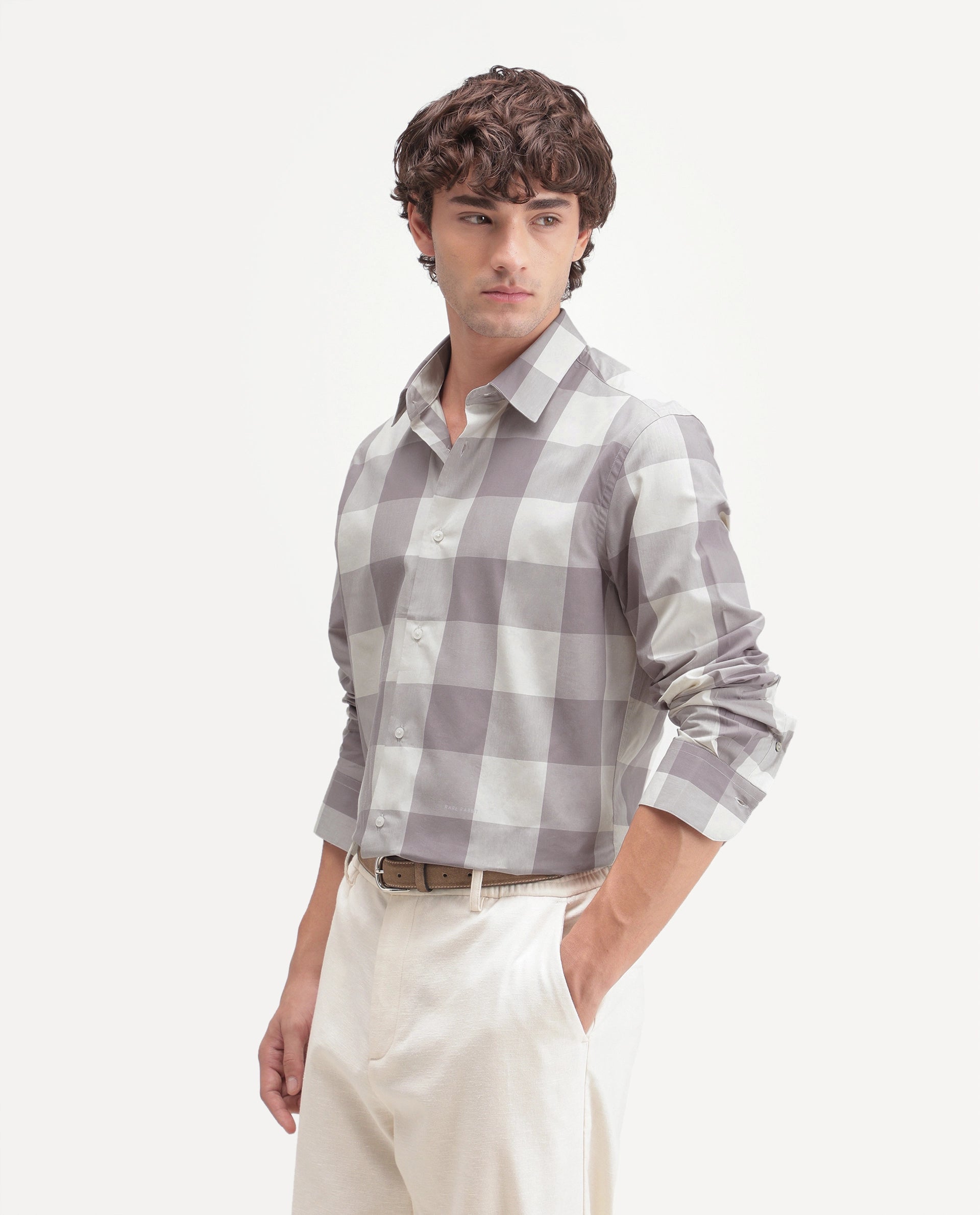 Rare Rabbit Men's Gryx Dusky Purple Cotton Blend Spread Collar Button Regular Checked Shirt