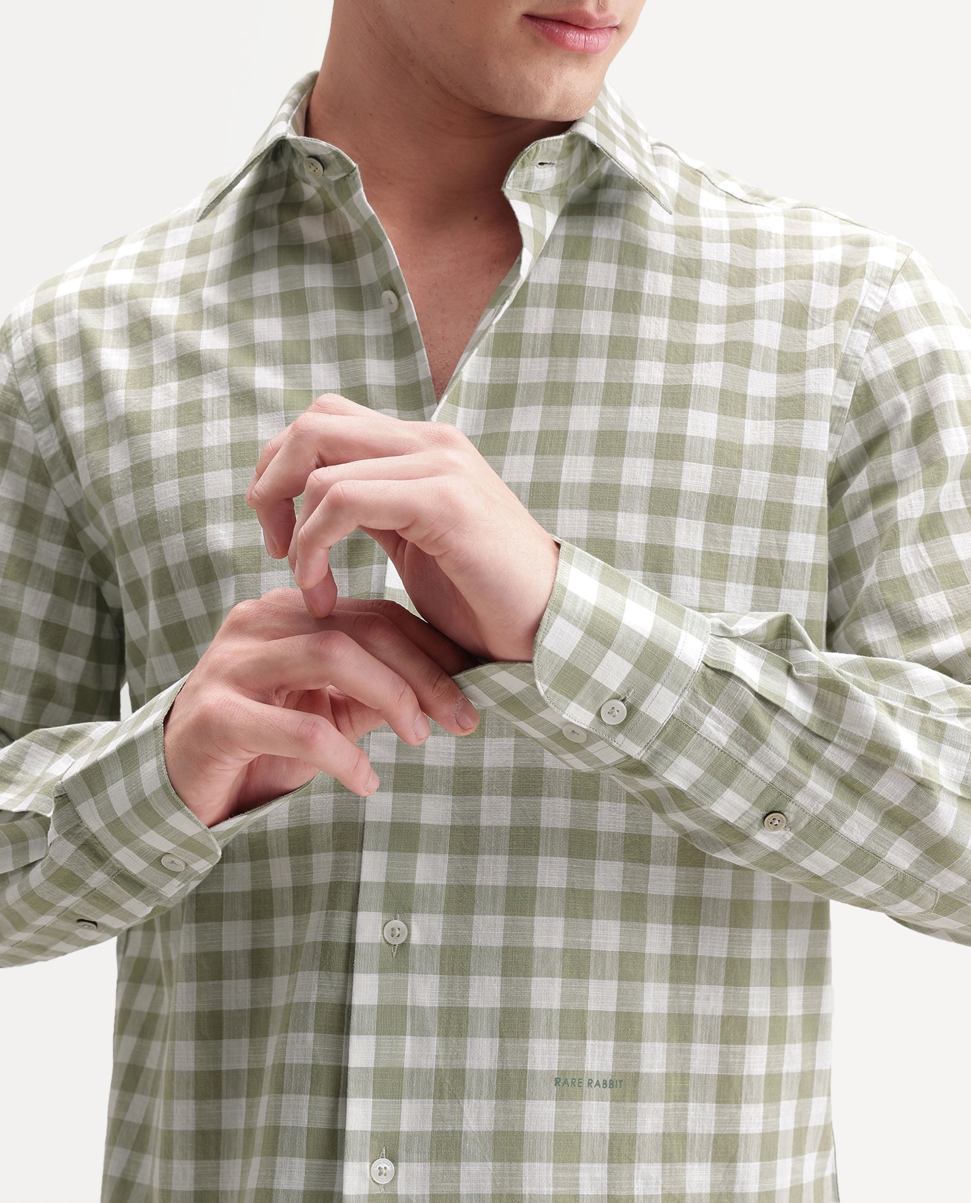 Rare Rabbit Men's Mard Primary Green Cotton Spread Collar Button Regular Checked Shirt