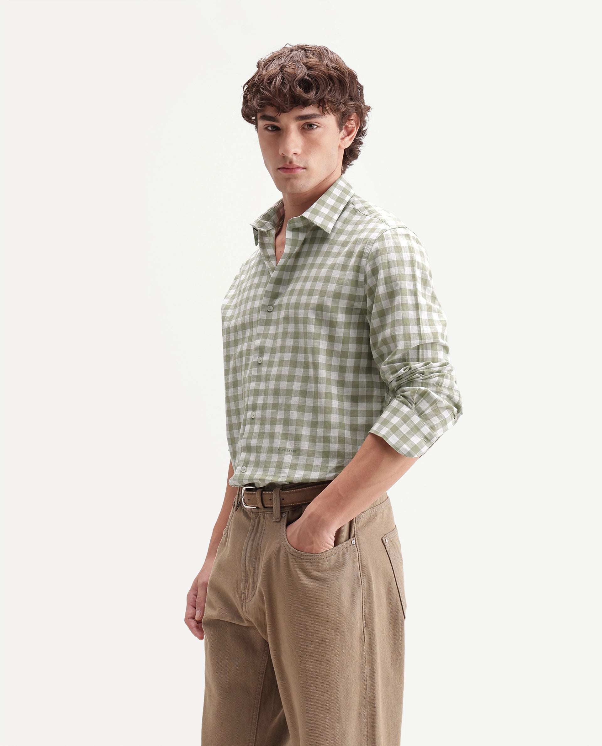 Rare Rabbit Men's Mard Primary Green Cotton Spread Collar Button Regular Checked Shirt