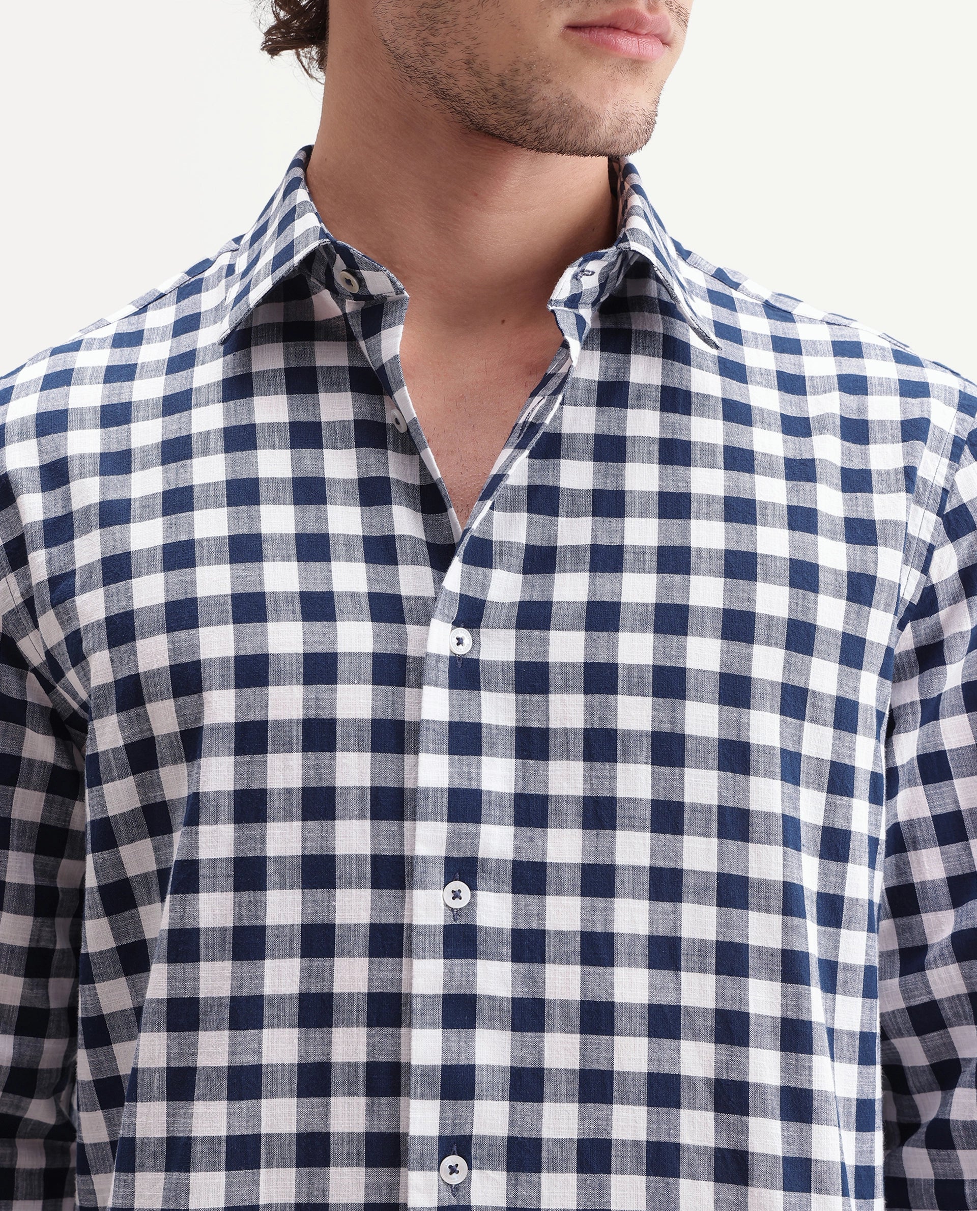 Rare Rabbit Men's Mard Dark Blue Cotton Spread Collar Button Regular Checked Shirt