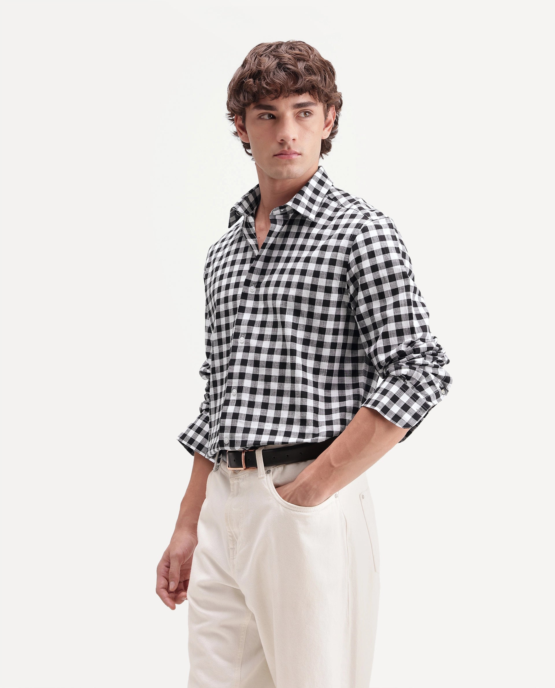 Rare Rabbit Men's Mard Primary Black Cotton Spread Collar Button Regular Checked Shirt