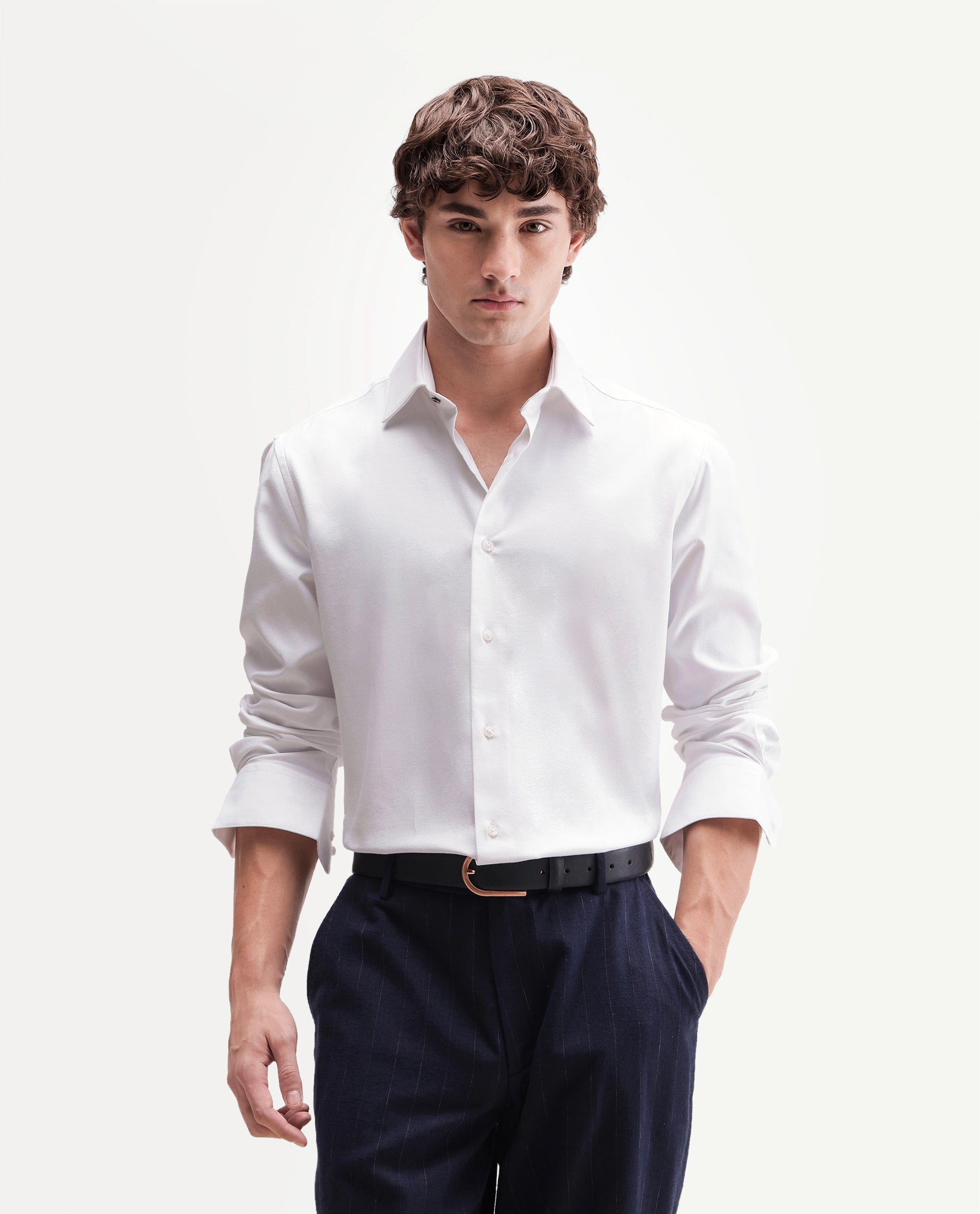 Rare Rabbit Men's Ervon Primary White Polyester Blend Spread Collar Button Regular Plain Shirt