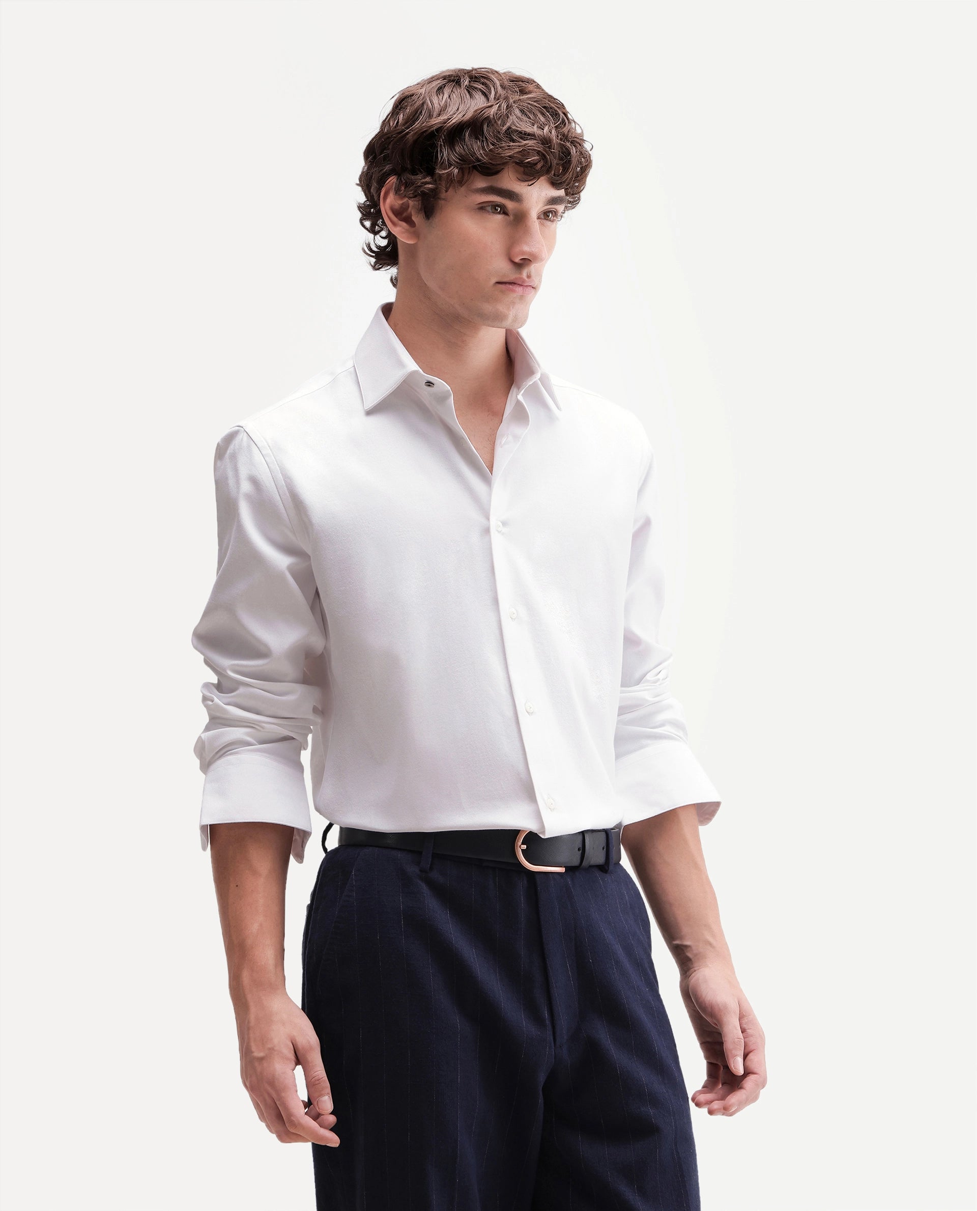 Rare Rabbit Men's Ervon Primary White Polyester Blend Spread Collar Button Regular Plain Shirt