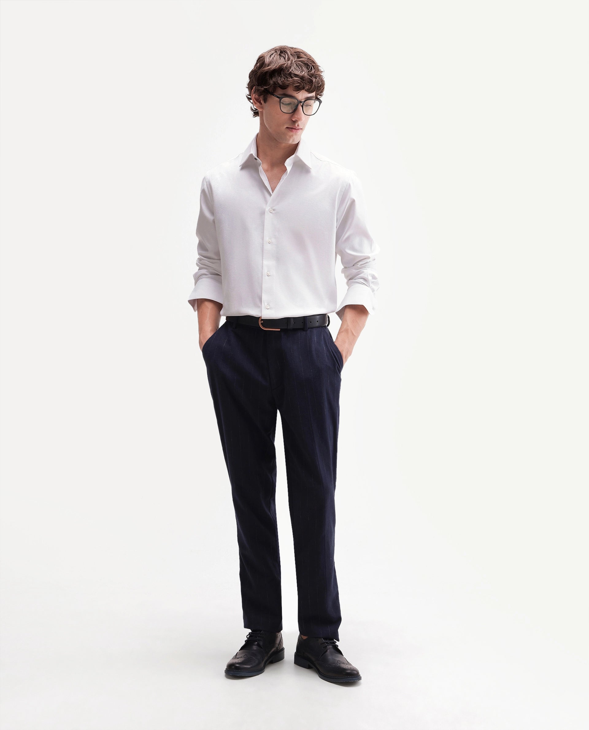 Rare Rabbit Men's Ervon Primary White Polyester Blend Spread Collar Button Regular Plain Shirt