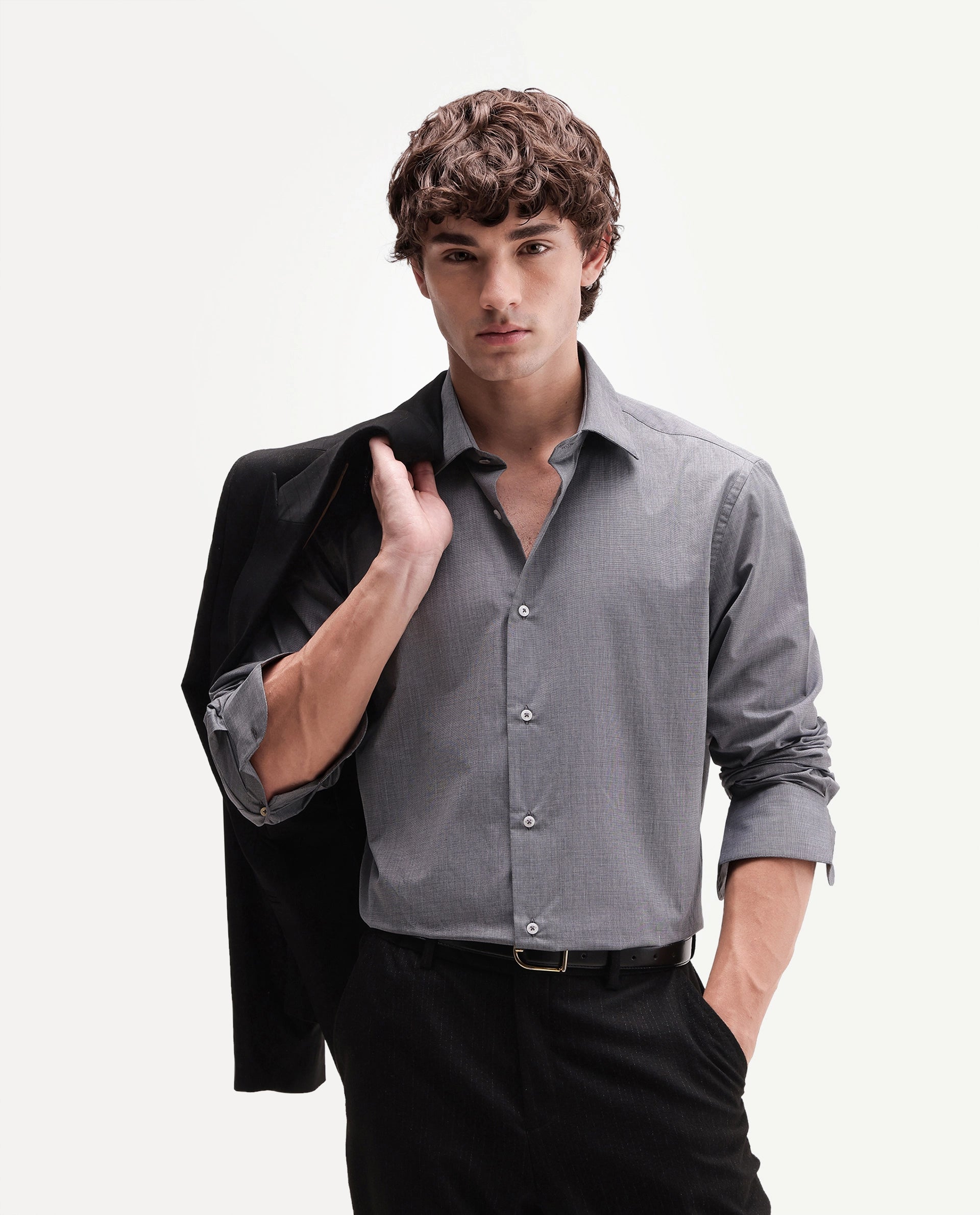 Rare Rabbit Men's Ervon Dark Grey Polyester Blend Spread Collar Button Regular Plain Shirt
