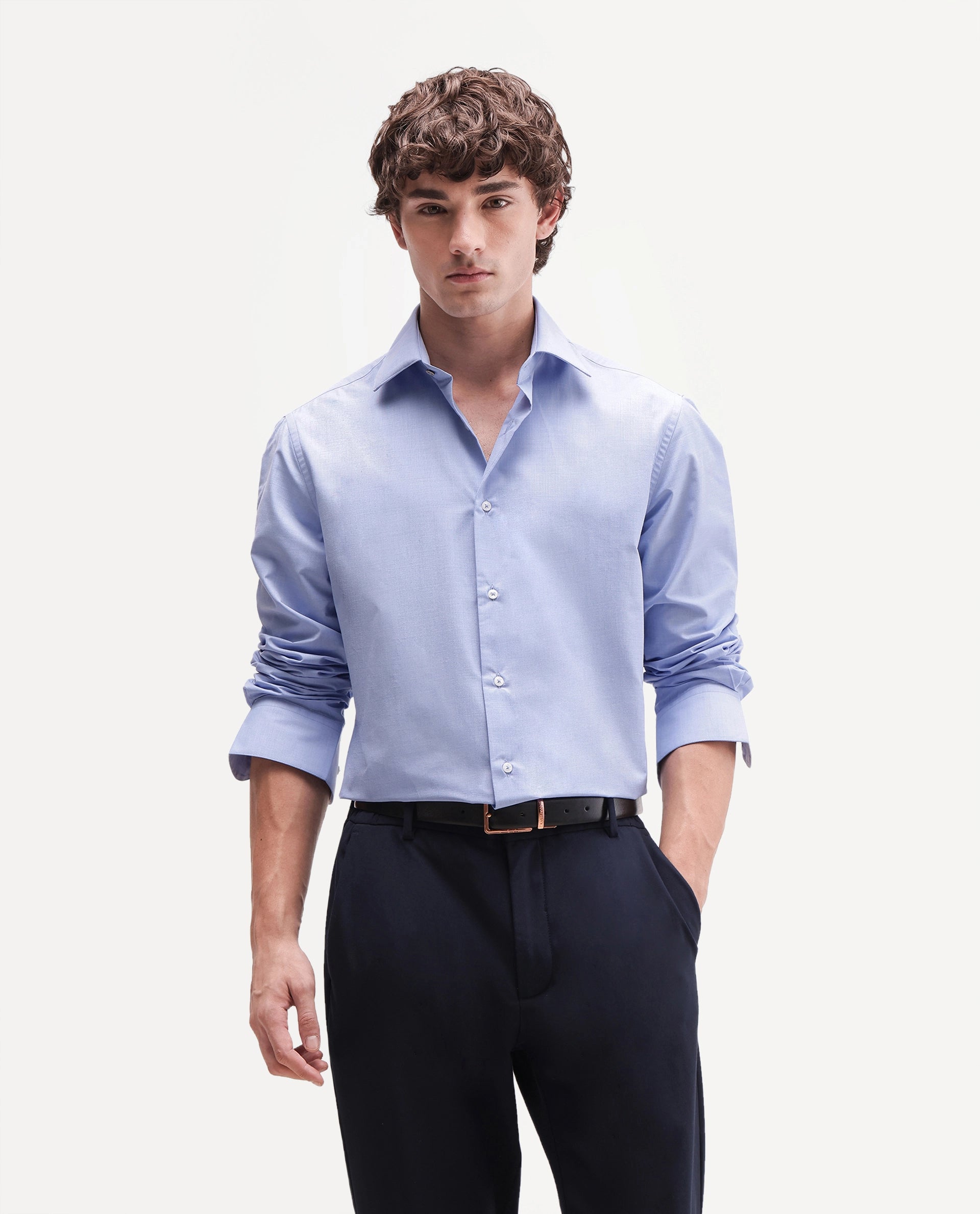 Rare Rabbit Men's Ervon Primary Blue Polyester Blend Spread Collar Button Regular Plain Shirt