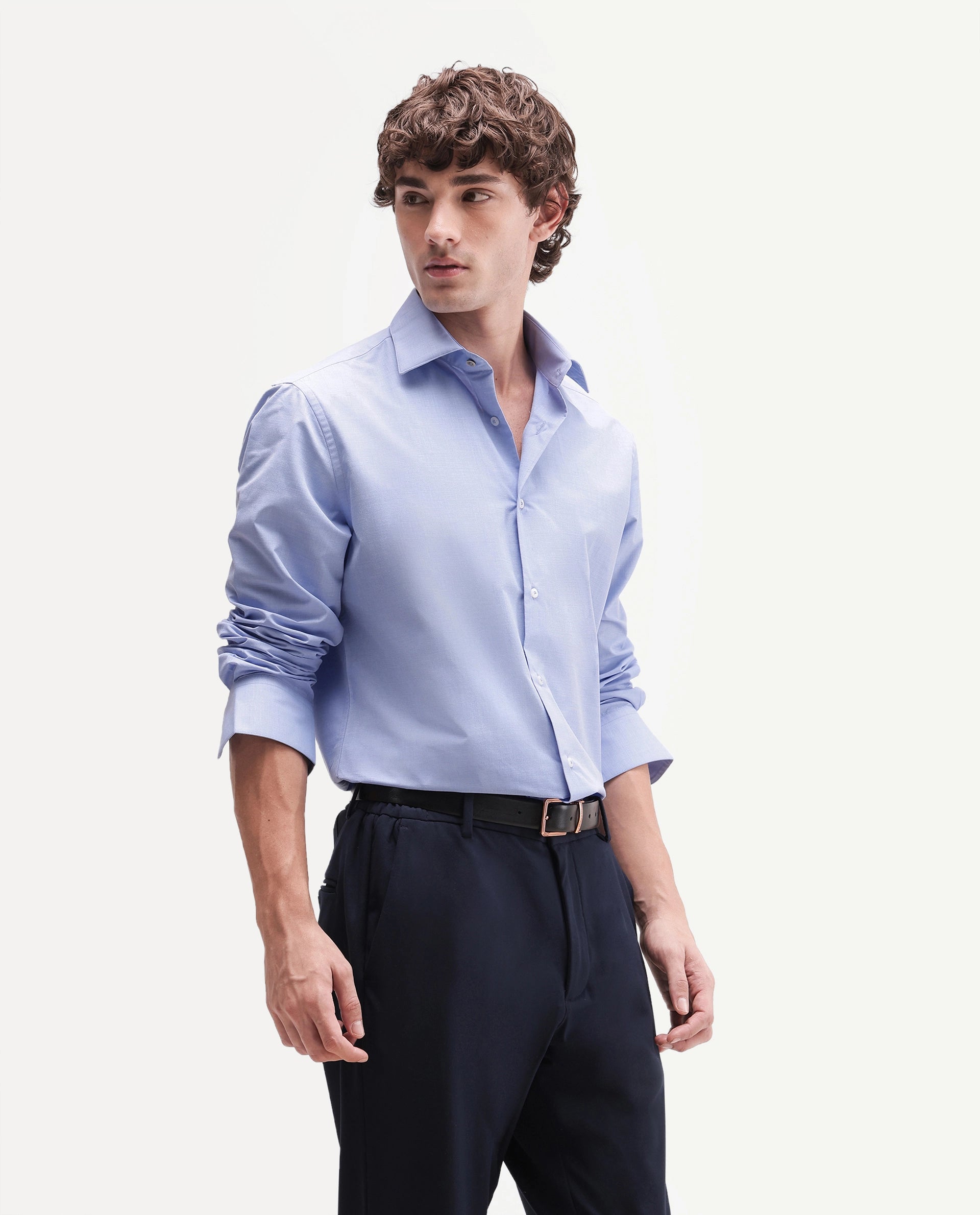 Rare Rabbit Men's Ervon Primary Blue Polyester Blend Spread Collar Button Regular Plain Shirt