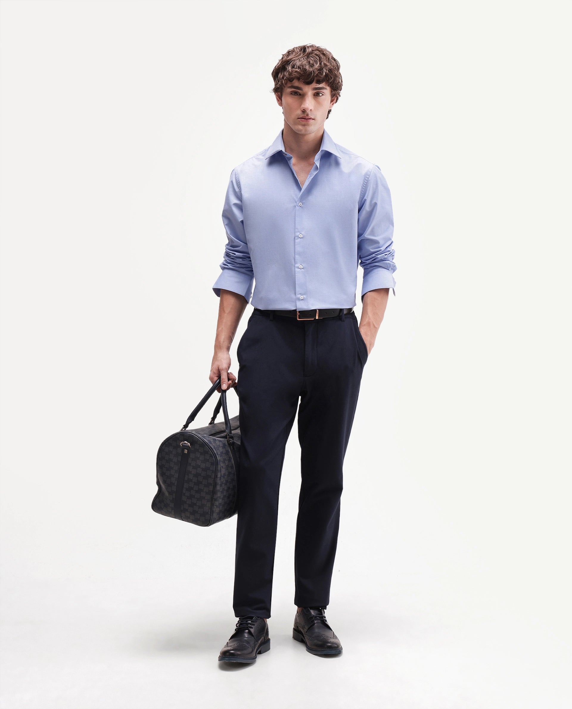 Rare Rabbit Men's Ervon Primary Blue Polyester Blend Spread Collar Button Regular Plain Shirt