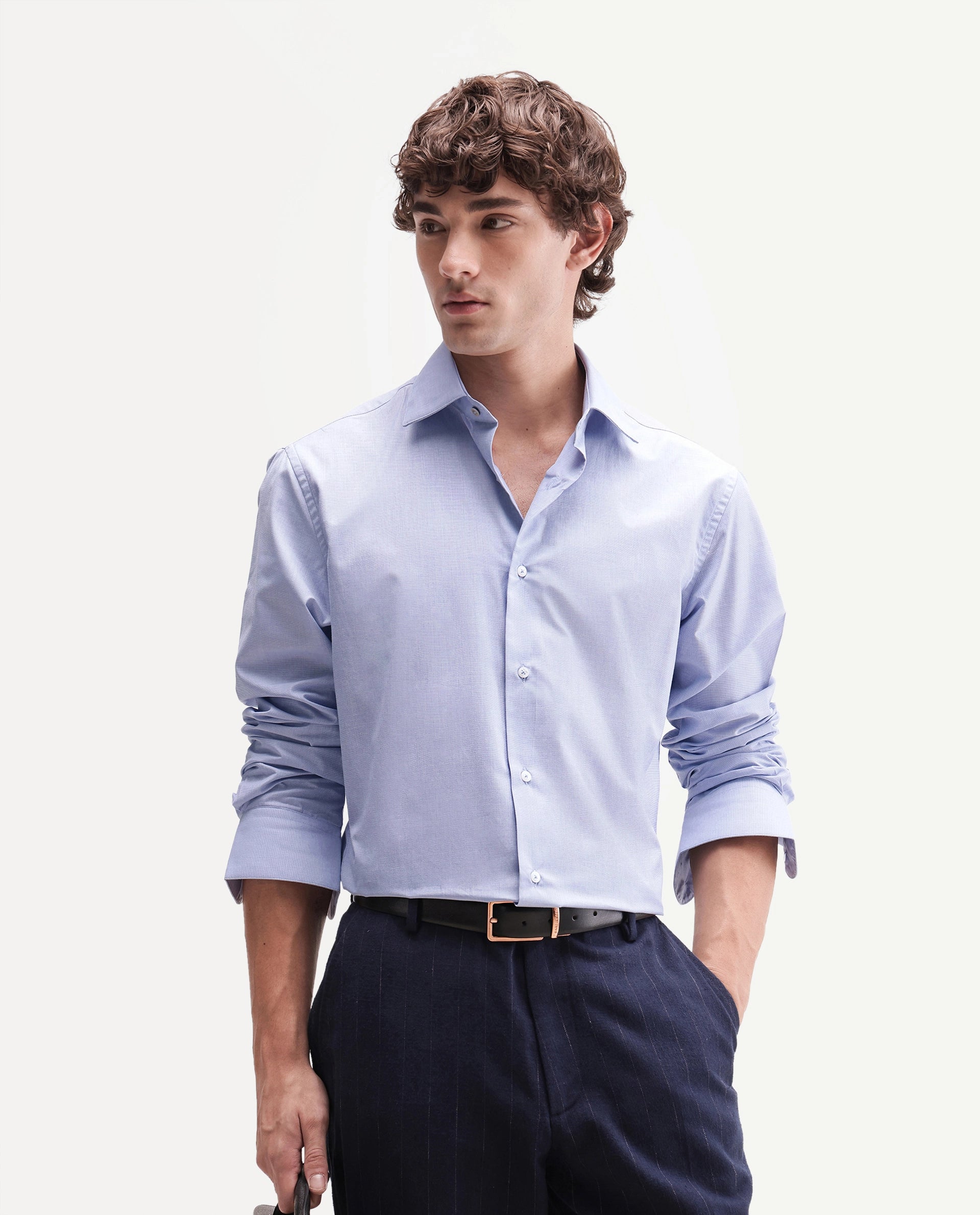 Rare Rabbit Men's Ervon Light Blue Polyester Blend Spread Collar Button Regular Plain Shirt