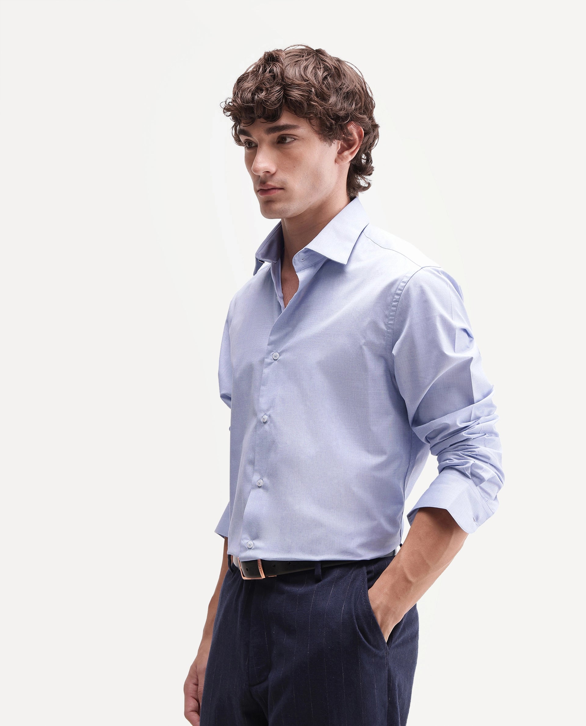 Rare Rabbit Men's Ervon Light Blue Polyester Blend Spread Collar Button Regular Plain Shirt
