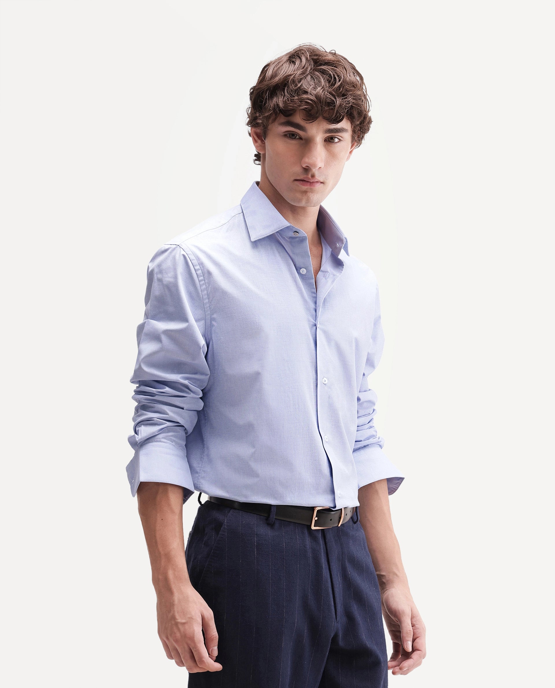 Rare Rabbit Men's Ervon Light Blue Polyester Blend Spread Collar Button Regular Plain Shirt