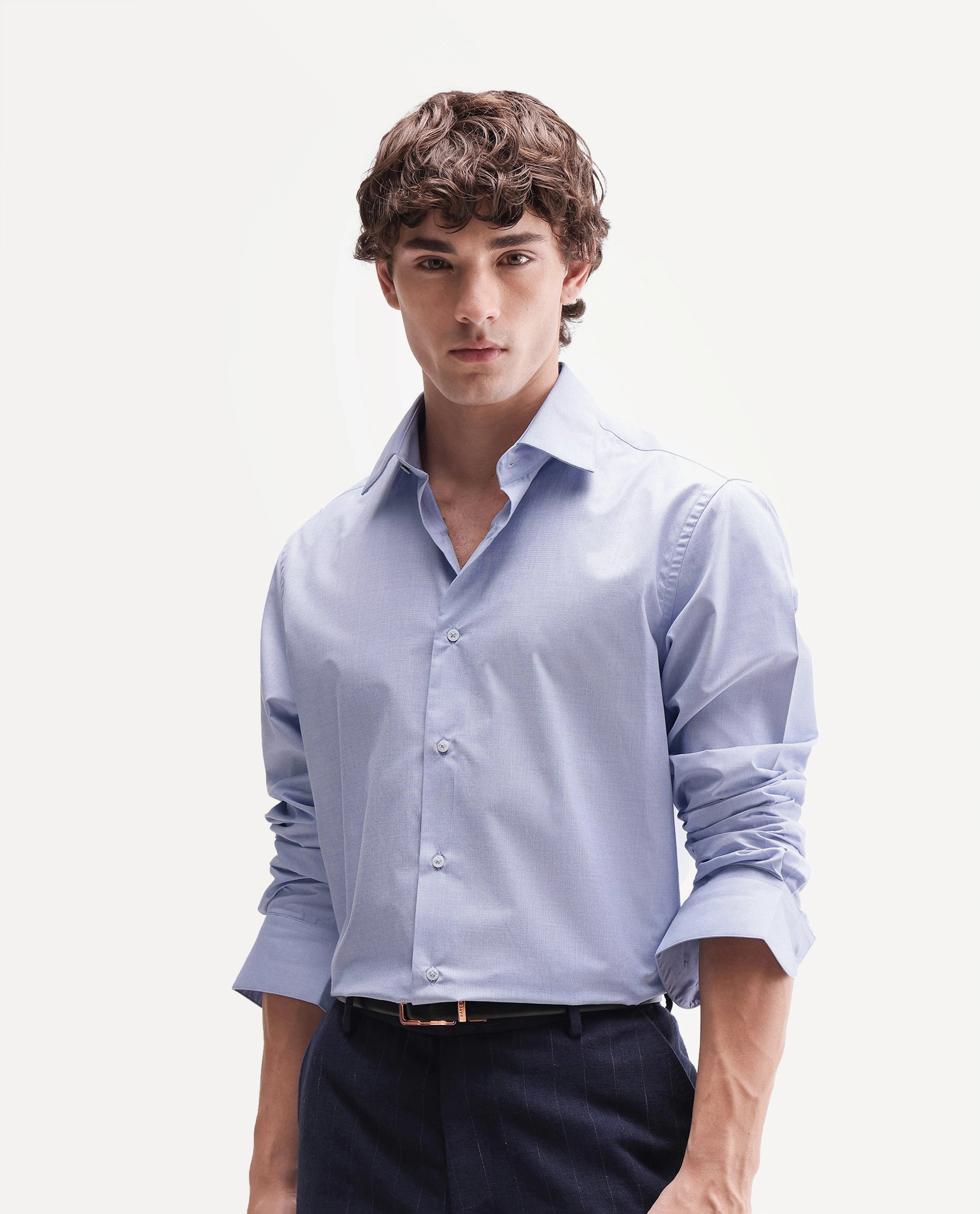 Rare Rabbit Men's Ervon Light Blue Polyester Blend Spread Collar Button Regular Plain Shirt