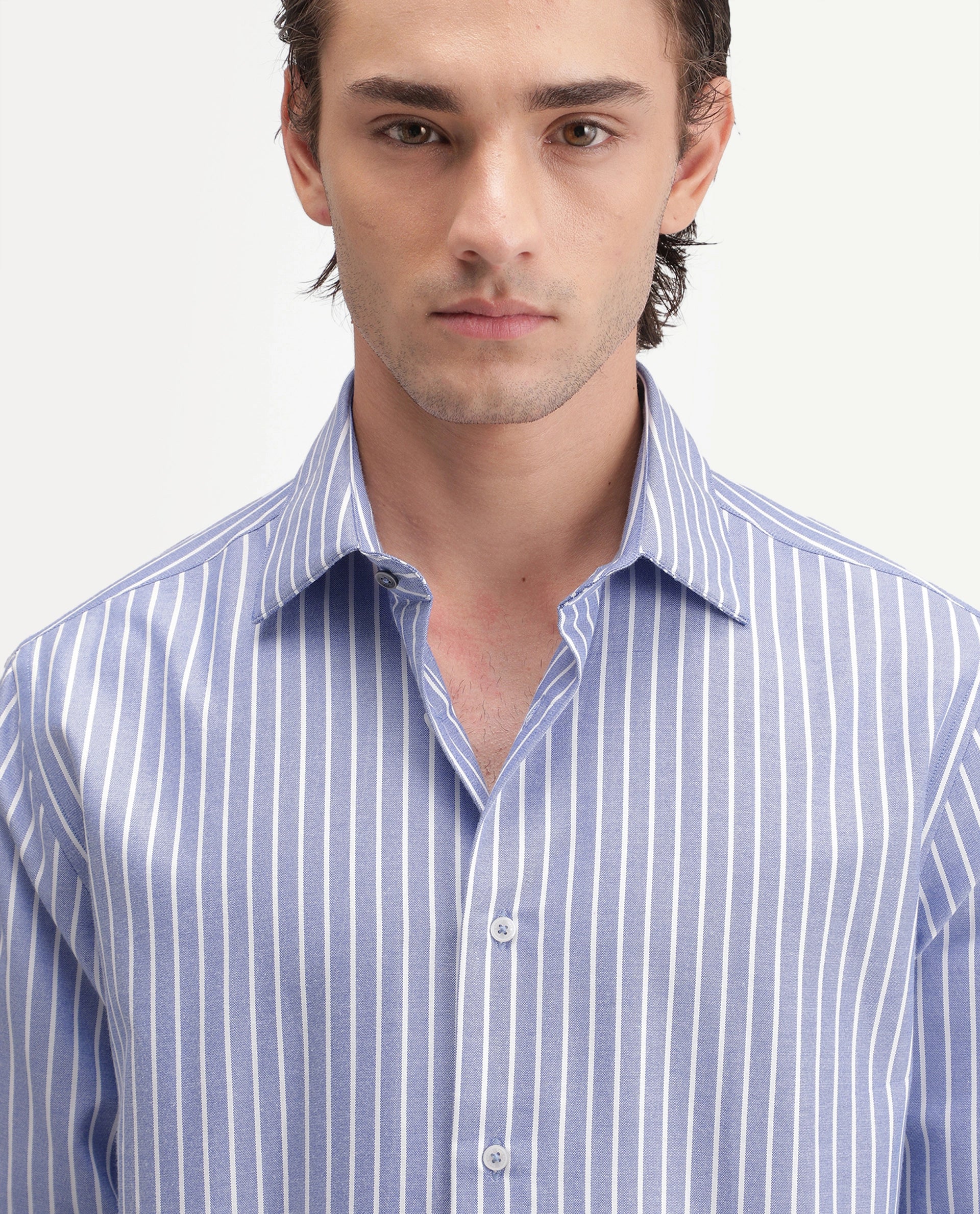 Rare Rabbit Men's Orven Primary Blue Cotton Blend Spread Collar Button Regular Striped Shirt
