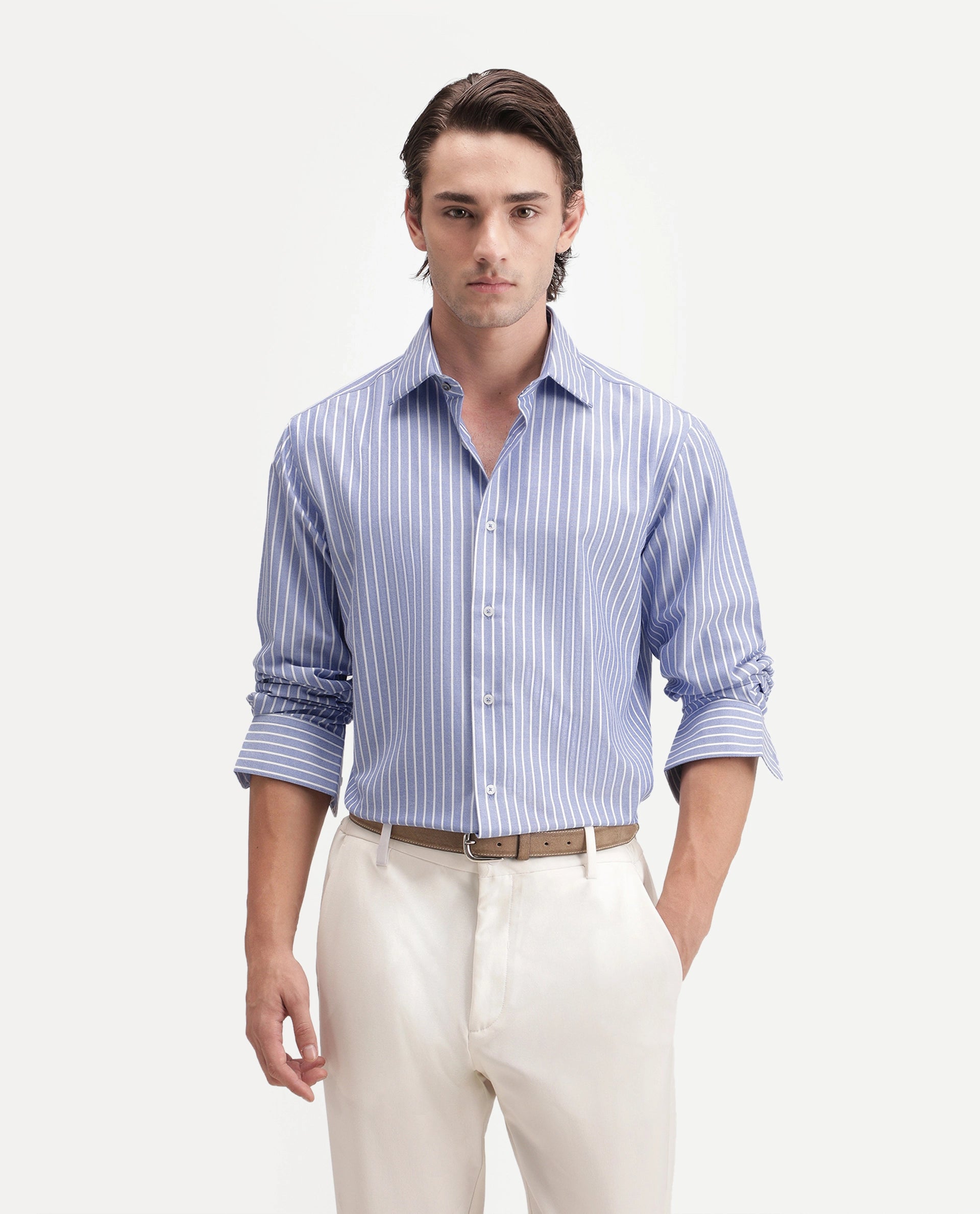 Rare Rabbit Men's Orven Primary Blue Cotton Blend Spread Collar Button Regular Striped Shirt