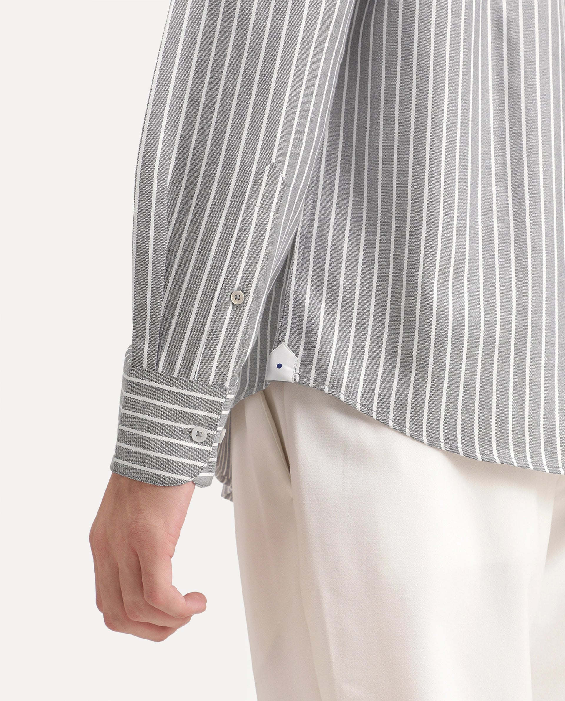 Rare Rabbit Men's Orven Primary Grey Cotton Blend Spread Collar Button Regular Striped Shirt