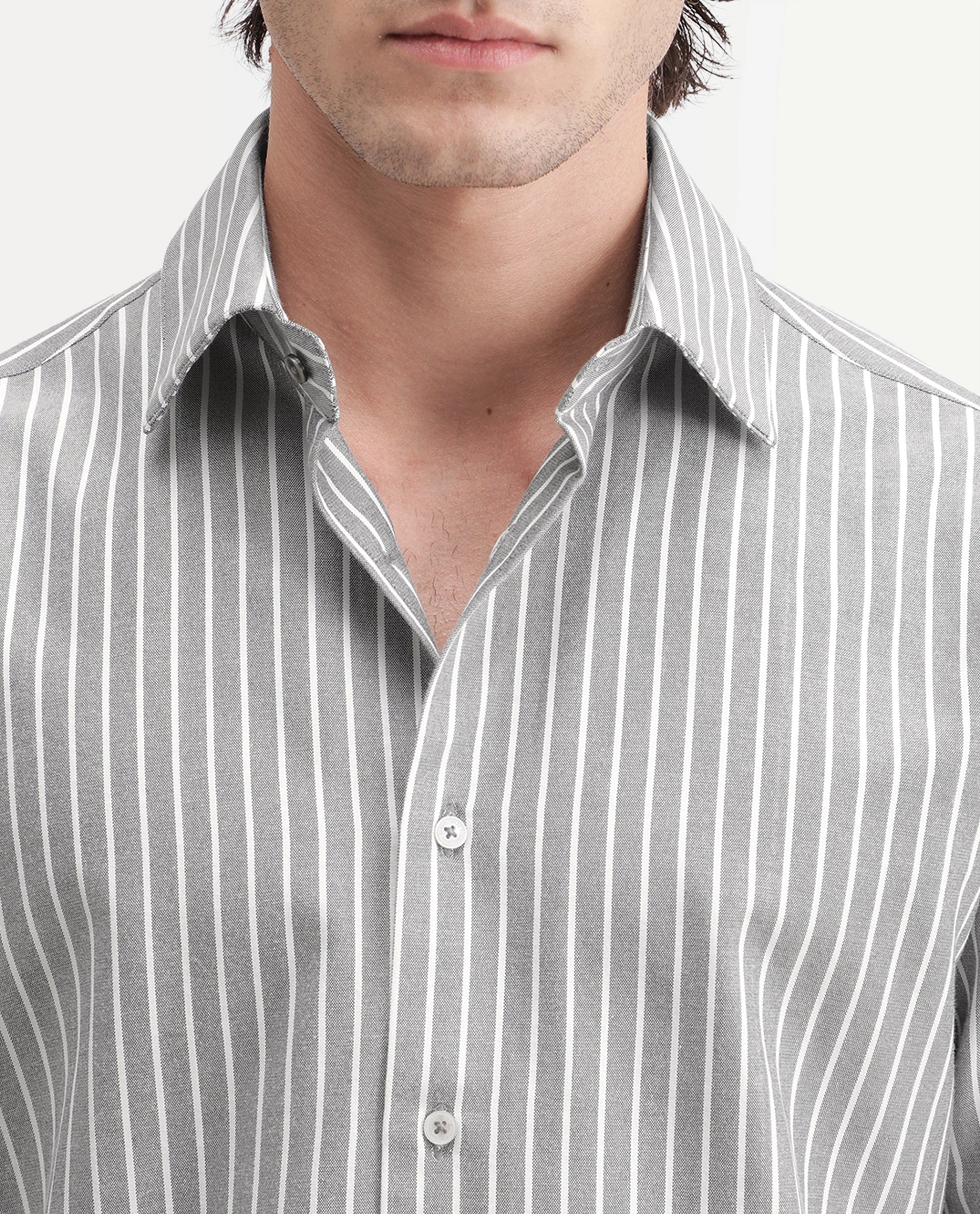 Rare Rabbit Men's Orven Primary Grey Cotton Blend Spread Collar Button Regular Striped Shirt