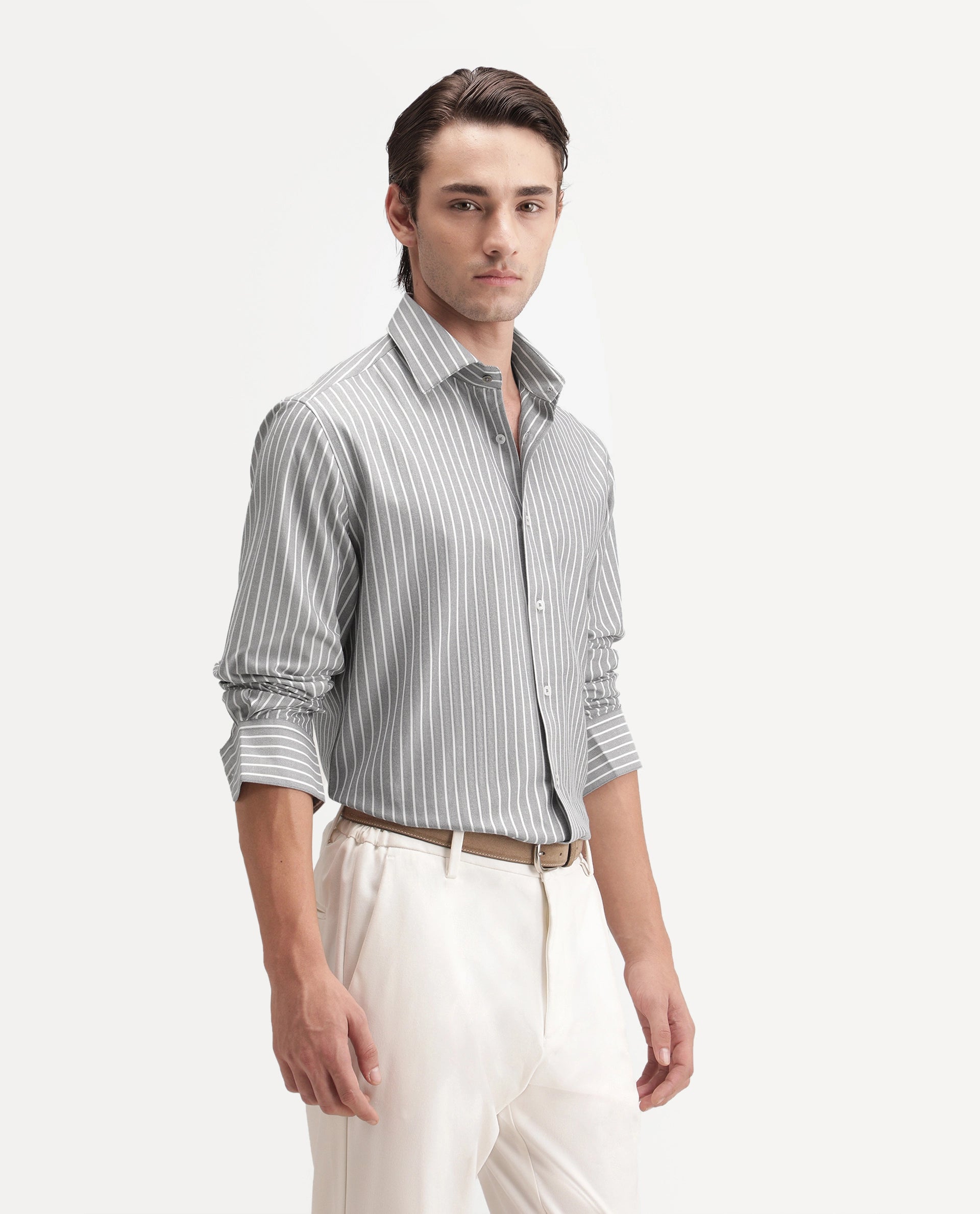 Rare Rabbit Men's Orven Primary Grey Cotton Blend Spread Collar Button Regular Striped Shirt