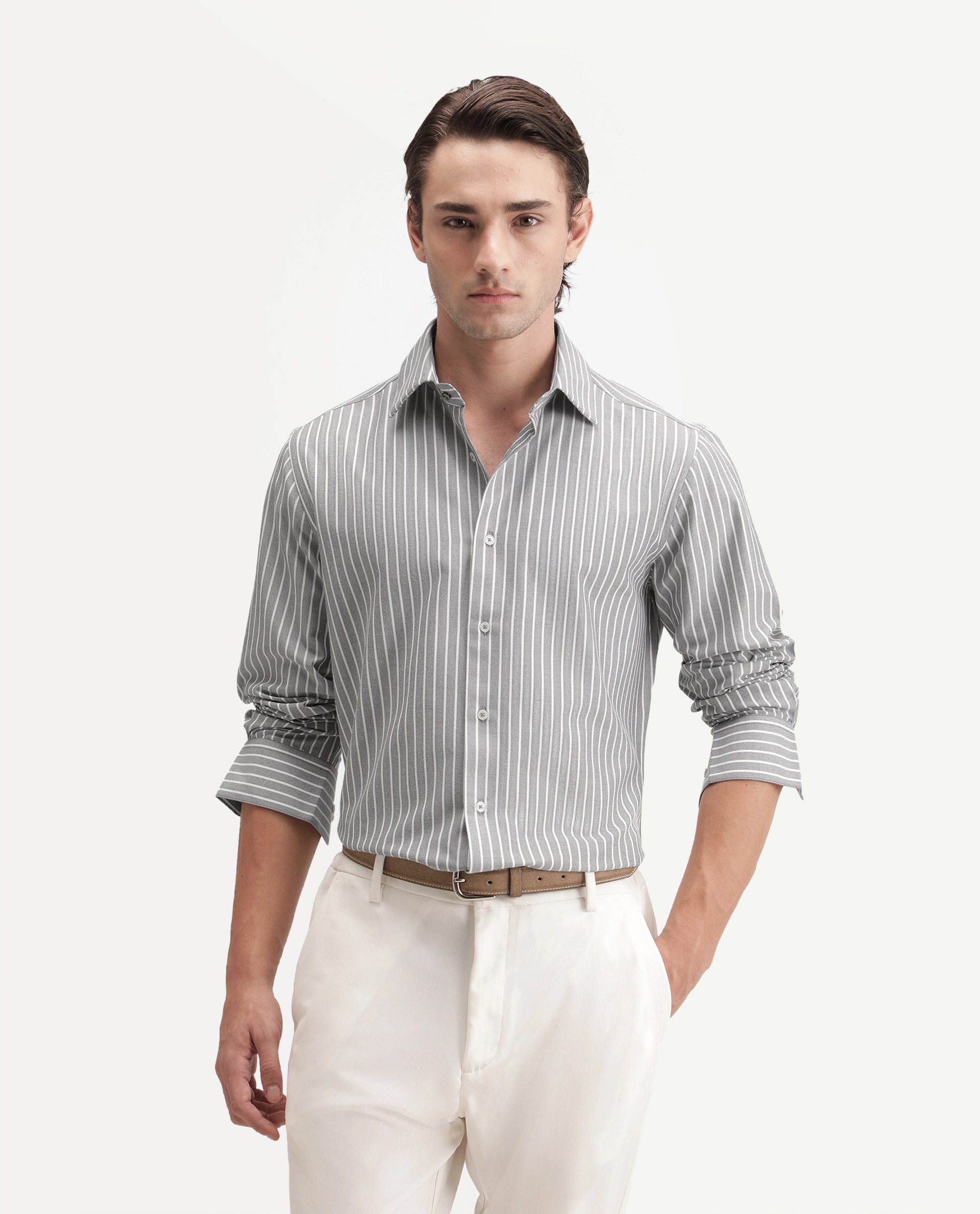 Rare Rabbit Men's Orven Primary Grey Cotton Blend Spread Collar Button Regular Striped Shirt