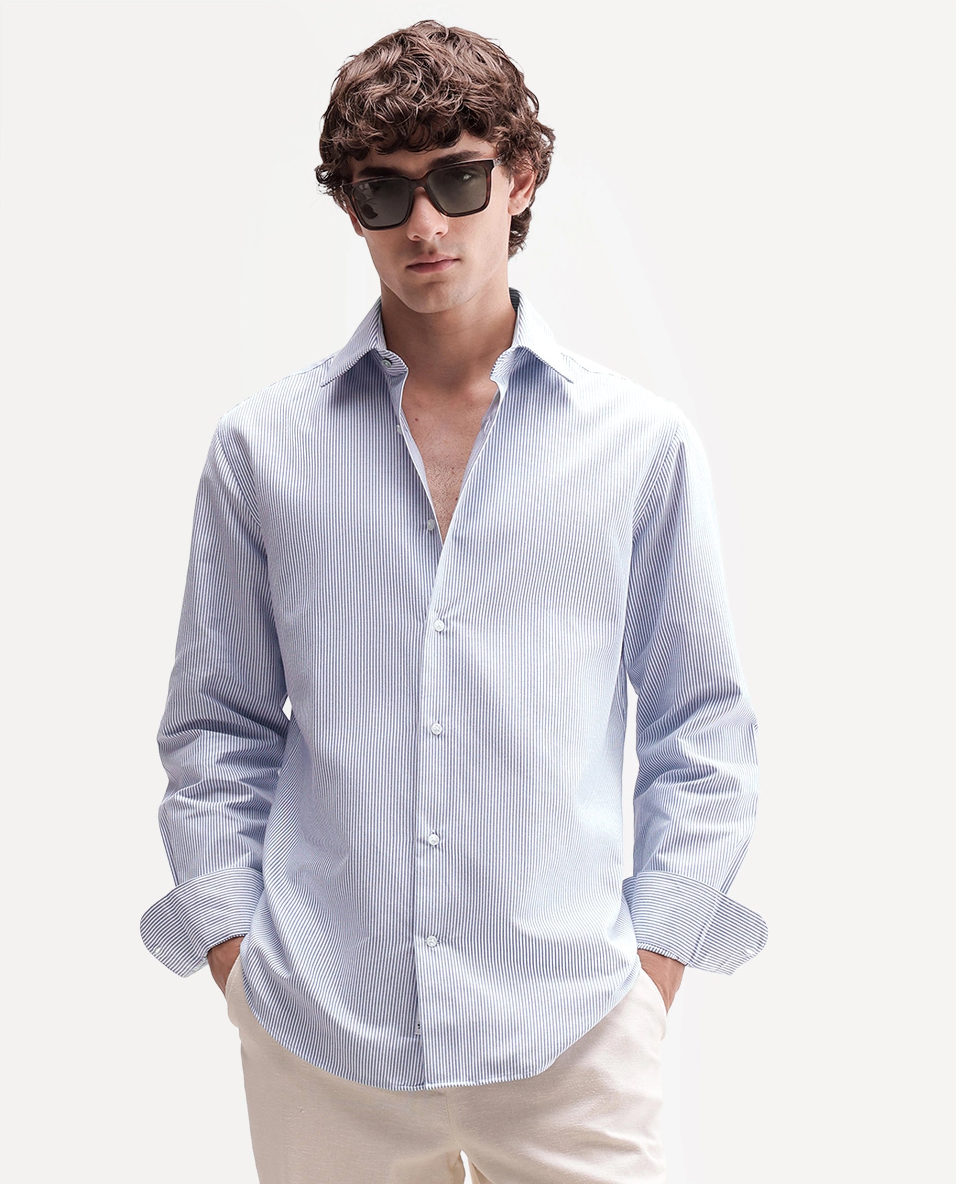 Rare Rabbit Men's Axiro Primary Blue Cotton Blend Spread Collar Button Regular Striped Shirt