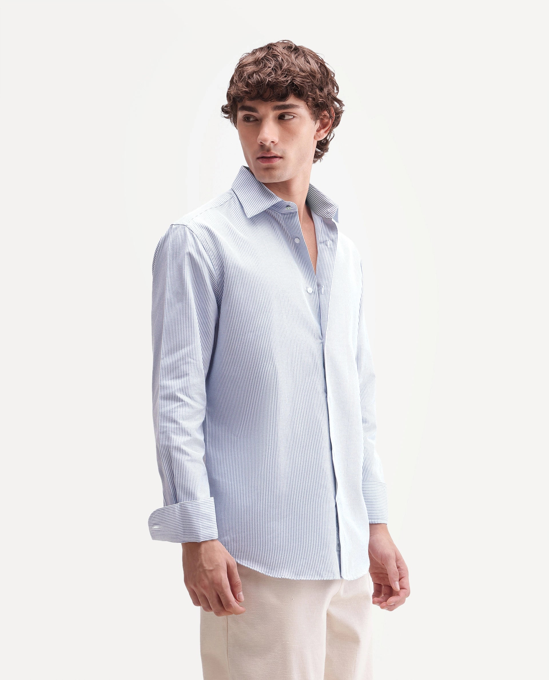 Rare Rabbit Men's Axiro Primary Blue Cotton Blend Spread Collar Button Regular Striped Shirt