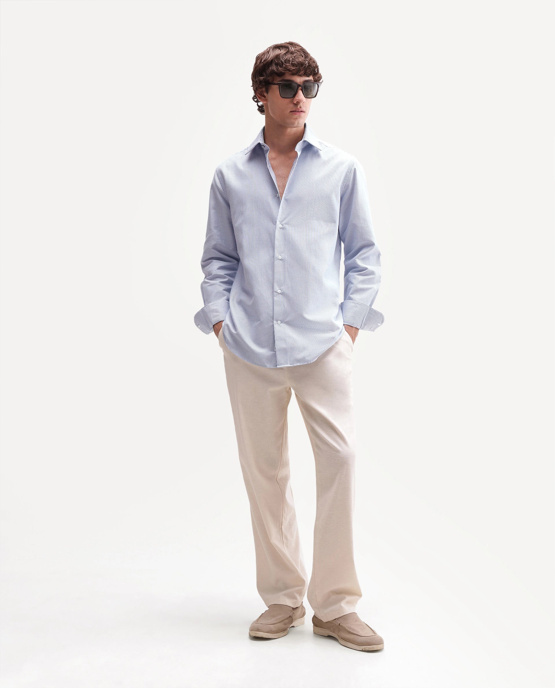 Rare Rabbit Men's Axiro Primary Blue Cotton Blend Spread Collar Button Regular Striped Shirt