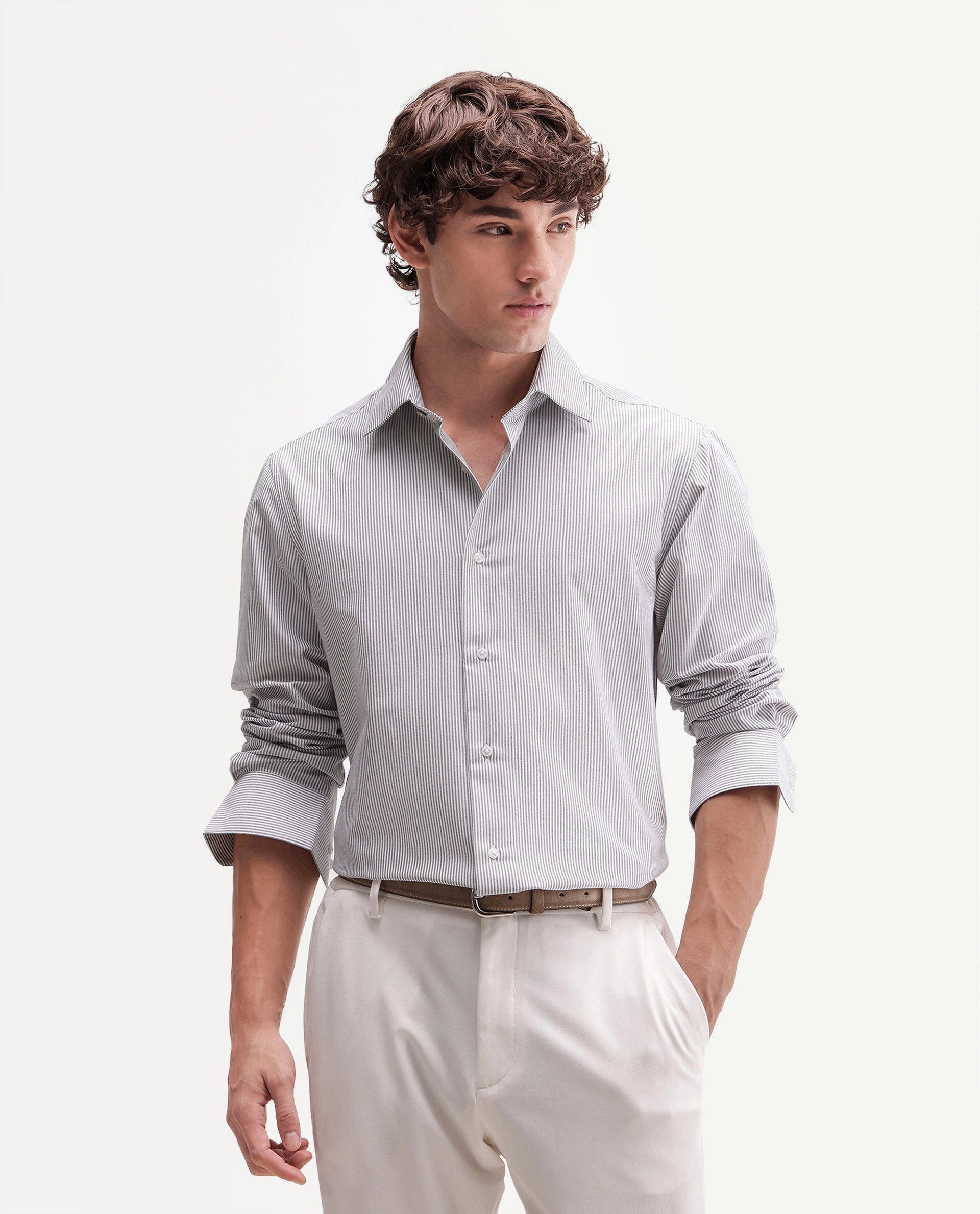 Rare Rabbit Men's Axiro Primary Grey Cotton Blend Spread Collar Button Regular Striped Shirt