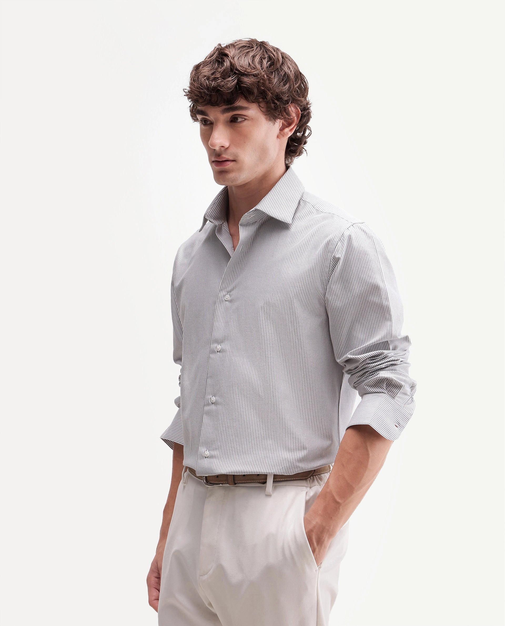 Rare Rabbit Men's Axiro Primary Grey Cotton Blend Spread Collar Button Regular Striped Shirt