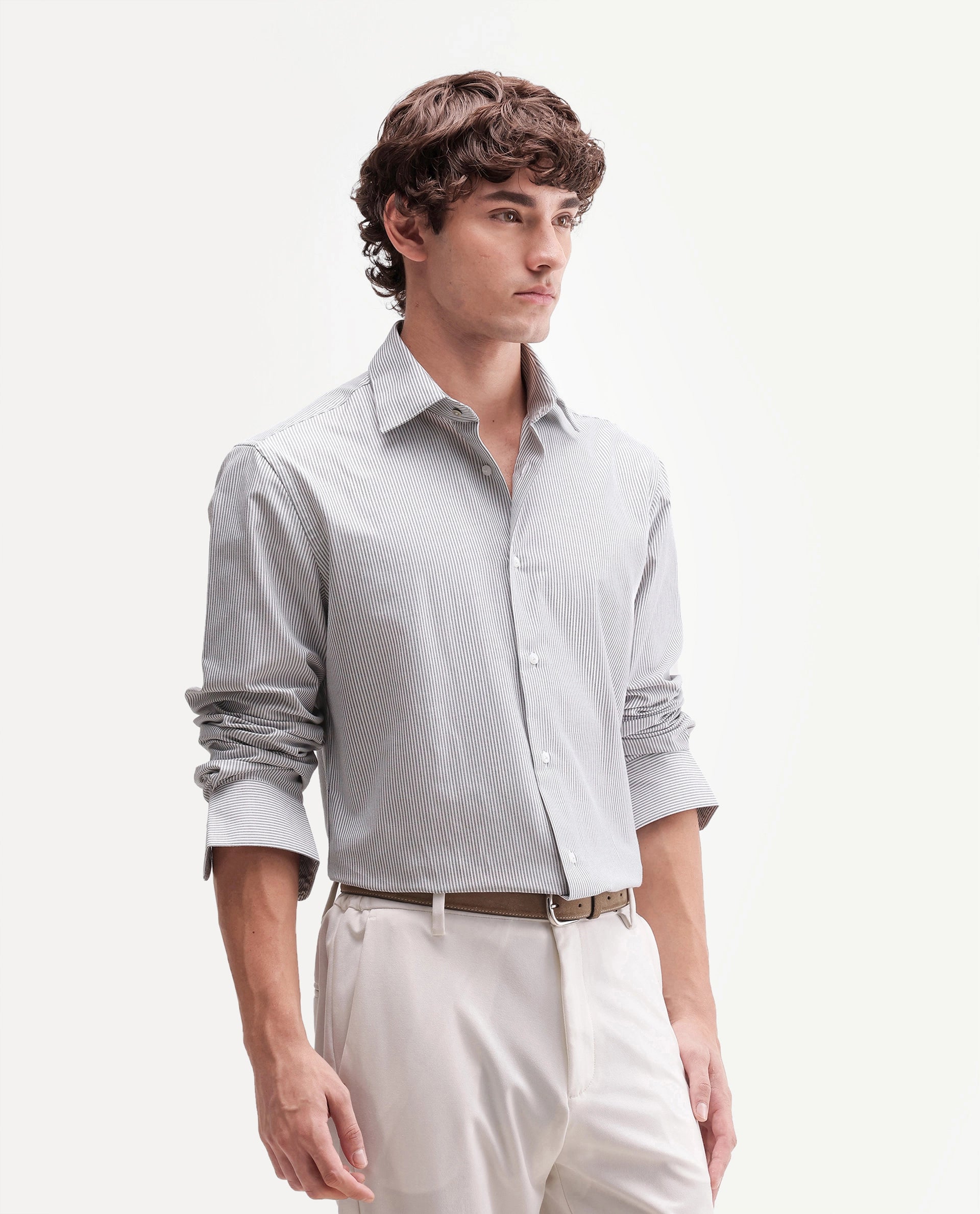 Rare Rabbit Men's Axiro Primary Grey Cotton Blend Spread Collar Button Regular Striped Shirt