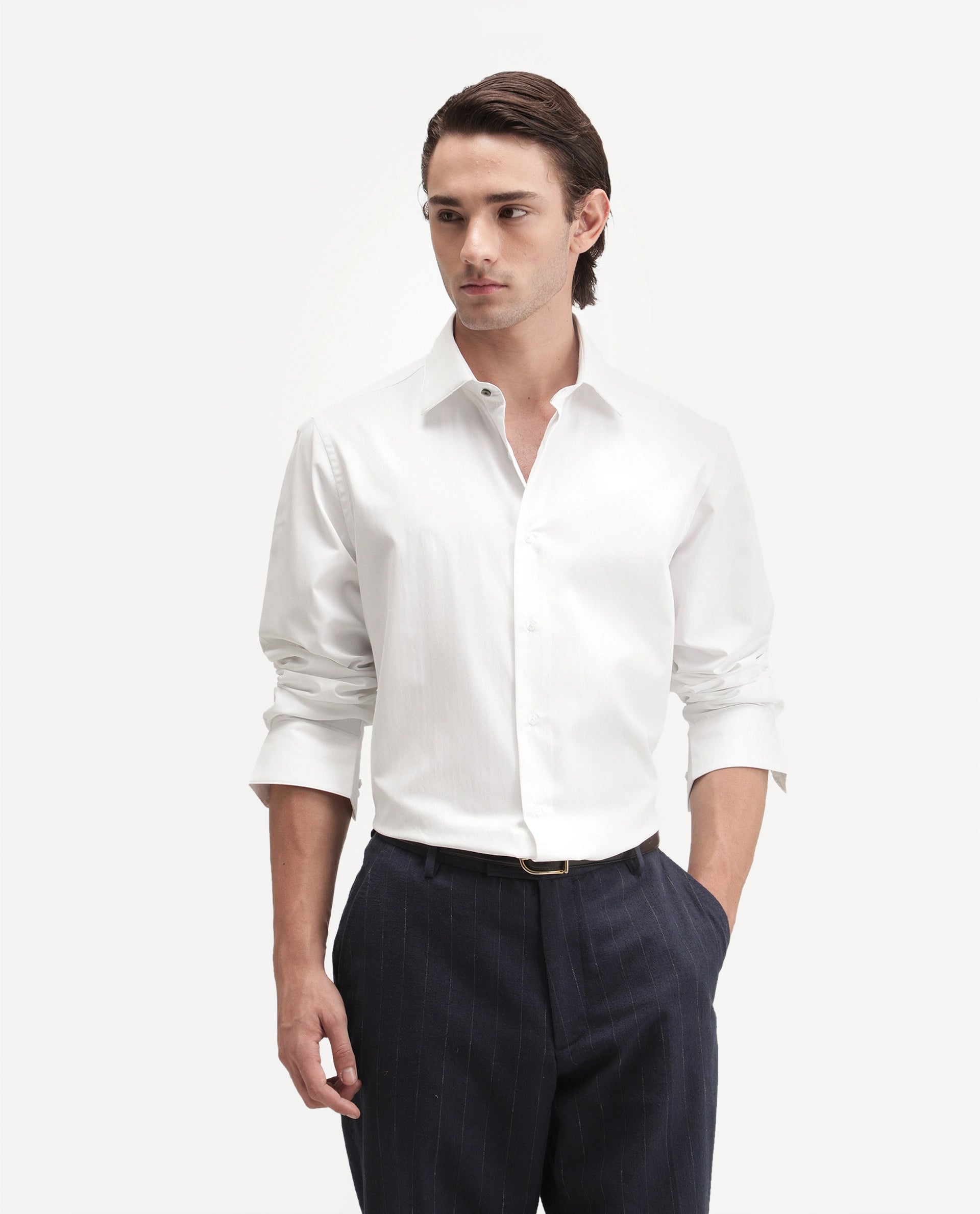 Rare Rabbit Men's Alvor Primary White Polyester Blend Spread Collar Button Regular Plain Shirt